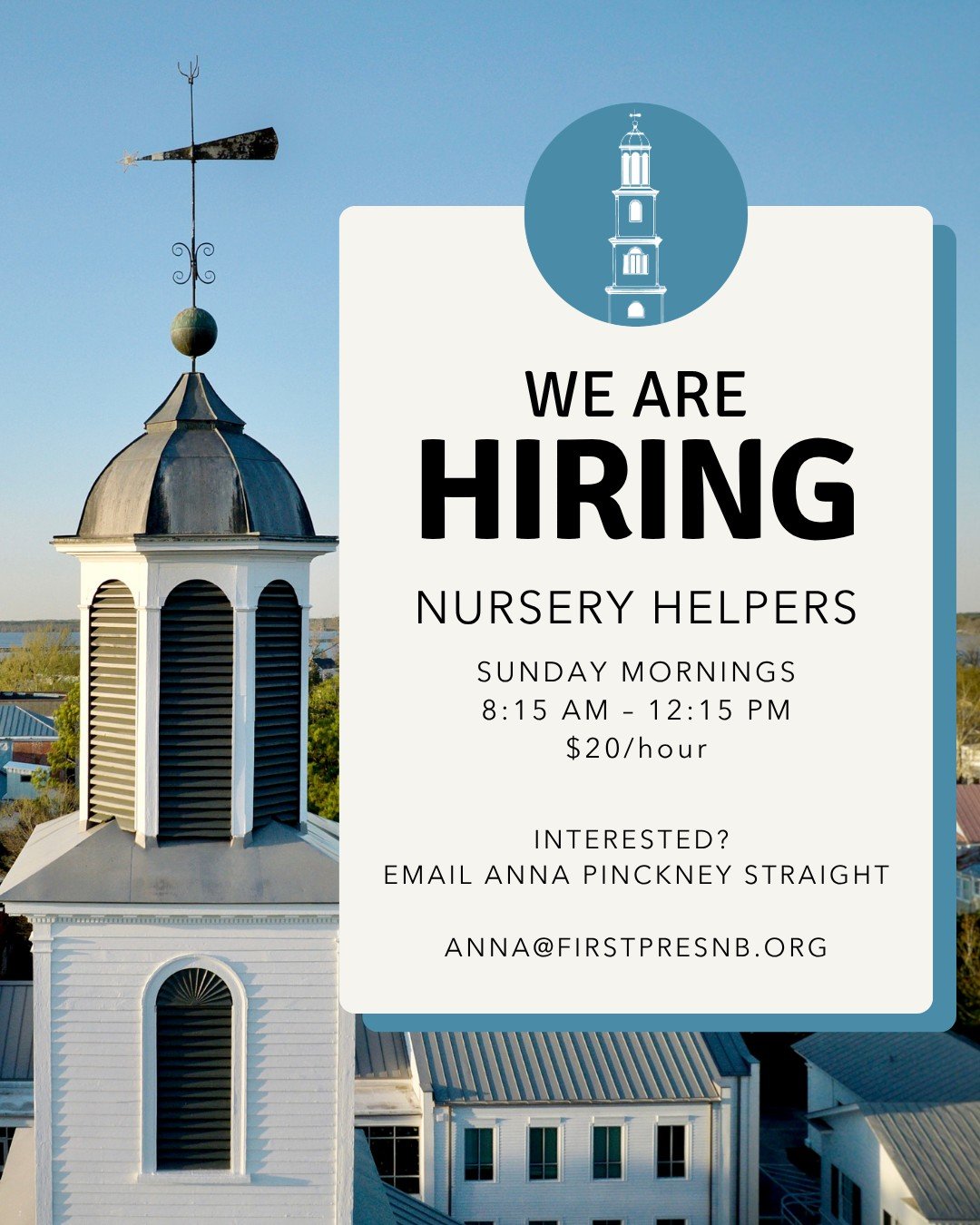 We&rsquo;re hiring nursery helpers!

We&rsquo;re looking for 2&ndash;3 new nursery helpers to join our Sunday morning team! This is a 4-hour position each Sunday, from 8:15 a.m.&ndash;12:15 p.m., and pays $20/hour.

Interested? Reach out to Anna Pinc