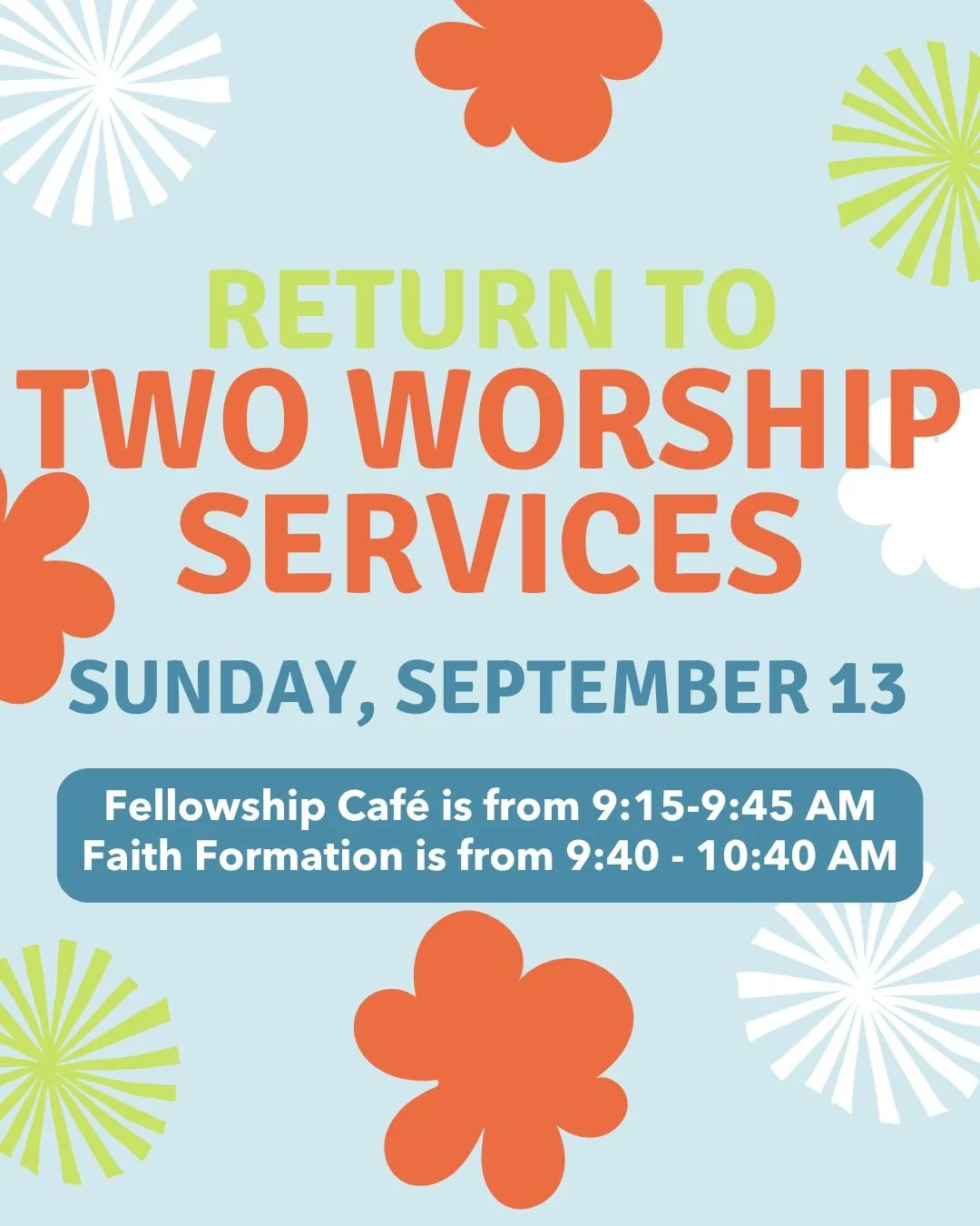 Back together. Better together.

This Sunday, September 13, we&rsquo;re back to two worship services&mdash;and kicking off a new season together at First Presbyterian.

Worship
8:30 am &mdash; In person
11:00 am &mdash; In person + livestreamed

Fell