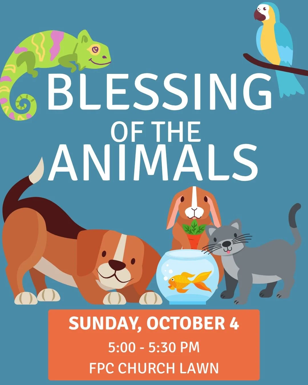 Join us for the Blessing of the Animals this Sunday on the church lawn anytime from 5:00-5:30 pm. Bring your pets, photos of your pets, or even stuffed animals&mdash;all will receive a special blessing. 🐾