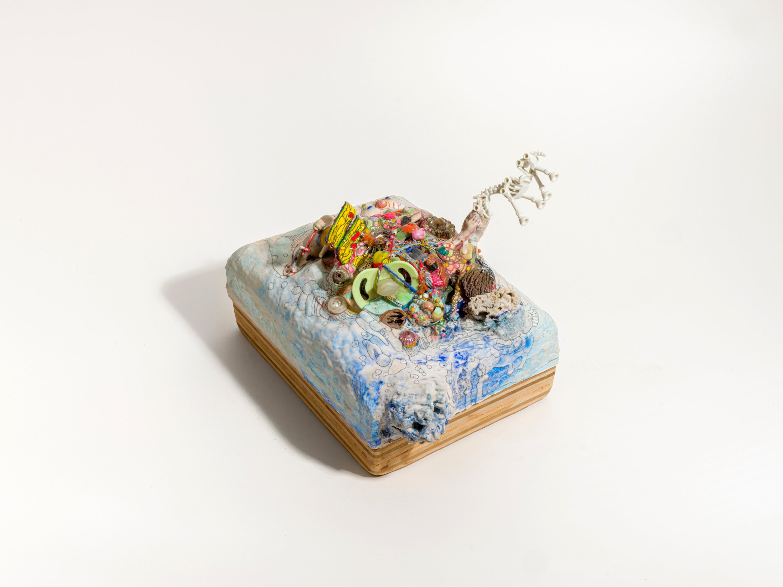"Baby Cake", 2023, 10 in. x 9 in. 7in., reclaimed wood and objects, paper clay, epoxy clay, aqua resin, gouache, pen, pencil
