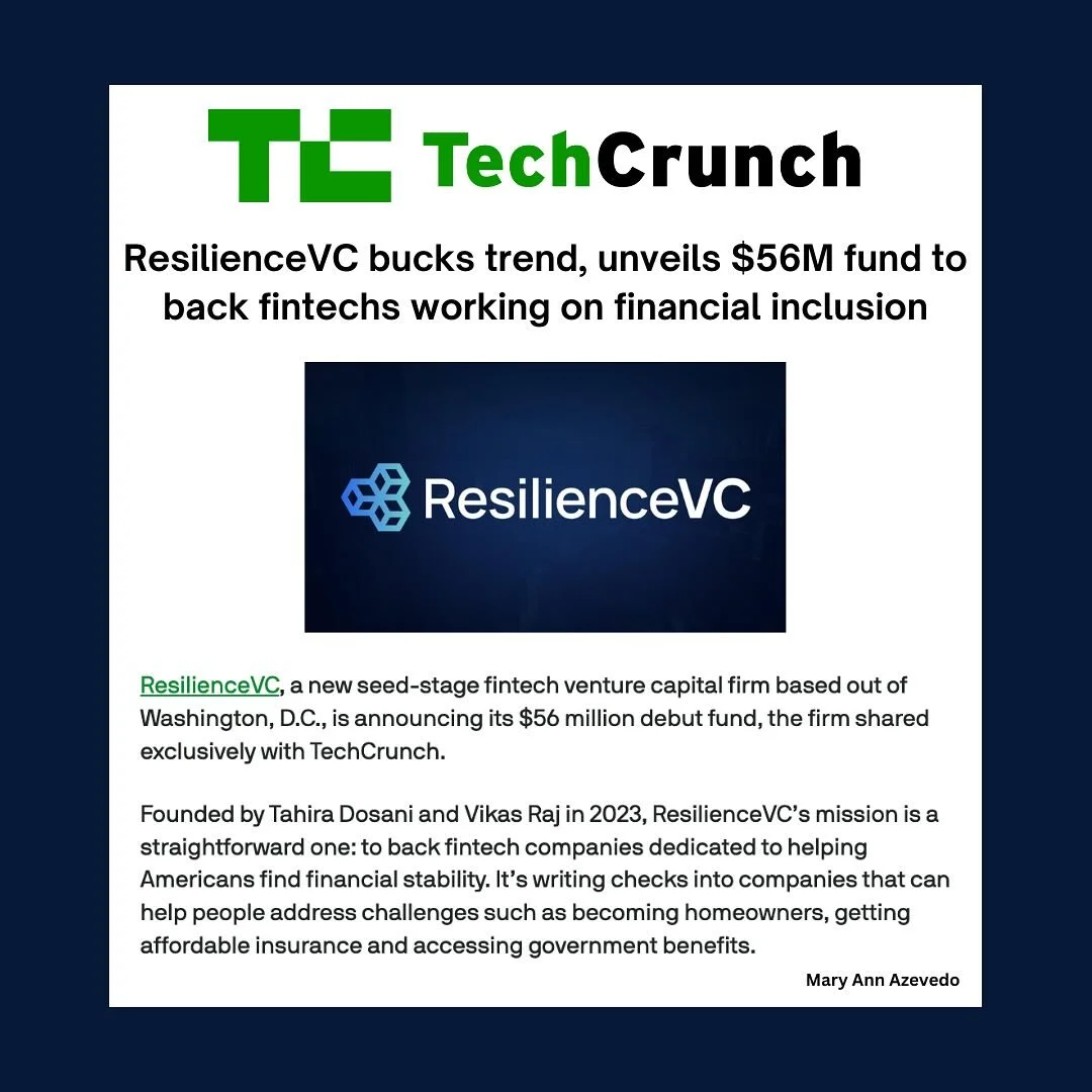 HUGE congratulations to @whattahirasees and @vikasraj1 at @resiliencevc on the announcement of their inaugural fund with $56M AUM!! ResilienceVC is working to champion financial resilience in the United States, investing in fintech companies doing GO