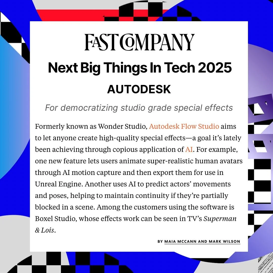 Beyond excited to share that our client, @autodeskflowstudio , has been named one of @fastcompany &lsquo;s Next Big Things in Tech 2025 🏆 &mdash; a first-ever for Autodesk! From AI-powered VFX to game-changing innovation, this recognition is major. 