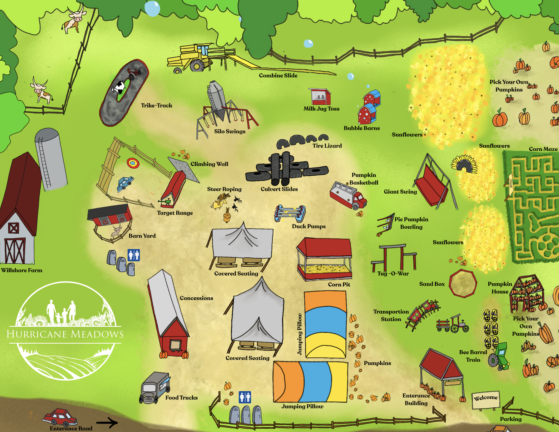A colorful illustrated map of Hurricane Meadows at Willsmore Farm, showing activities and areas such as combine slide, trike-track, silo swings, milk jug toss, bubble burns, pumpkin patch, sunflower fields, maze, and various farm buildings, all surrounded by trees and fences.