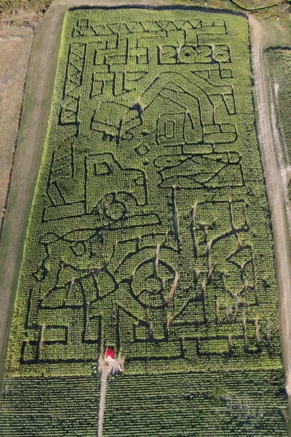 A large cornfield maze with intricate pathways and designs, including a robot and a smiling face, surrounded by open fields and farm roads.