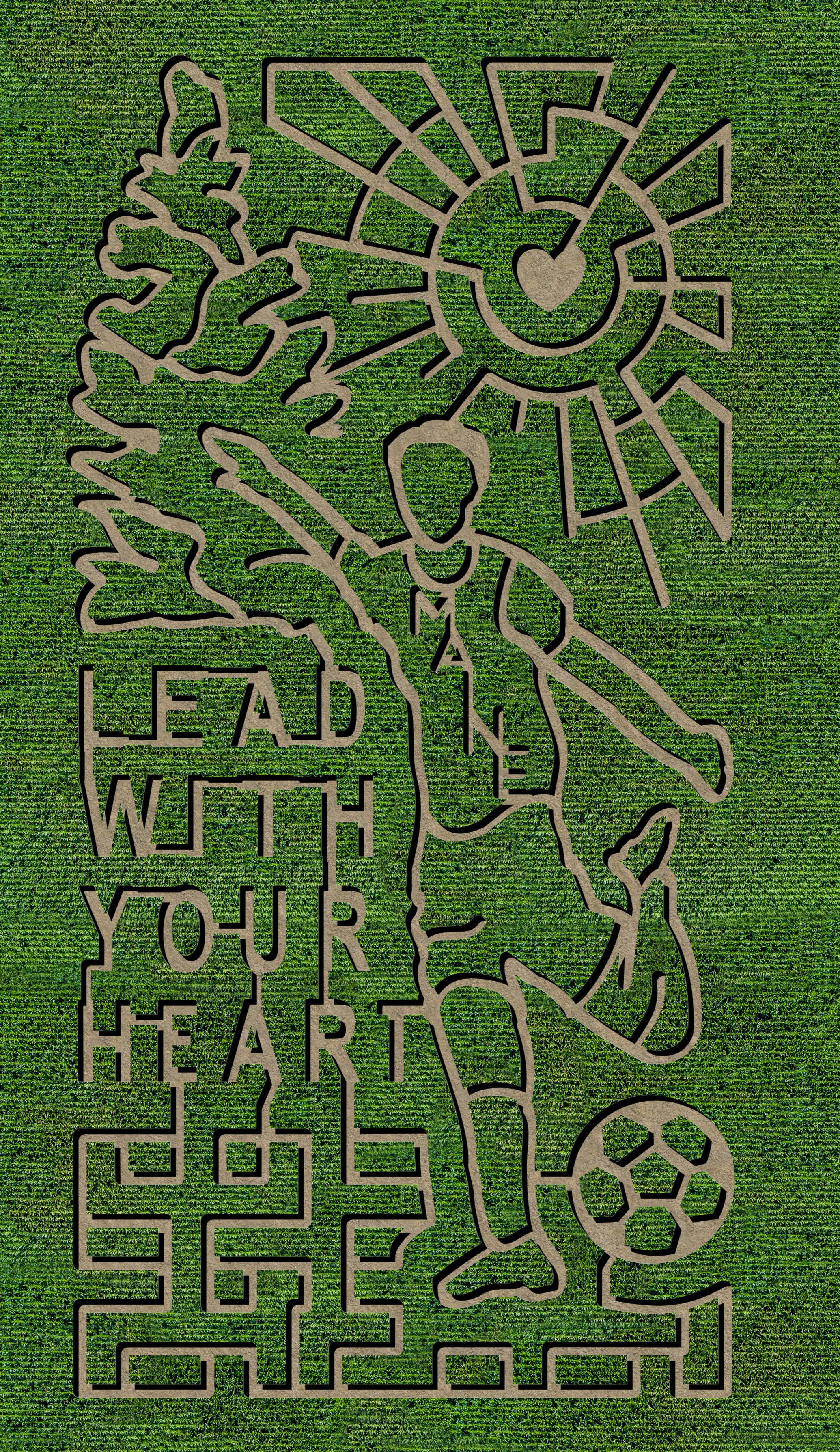 Maze with a soccer ball and a human figure, with the text "Lead with your heart".