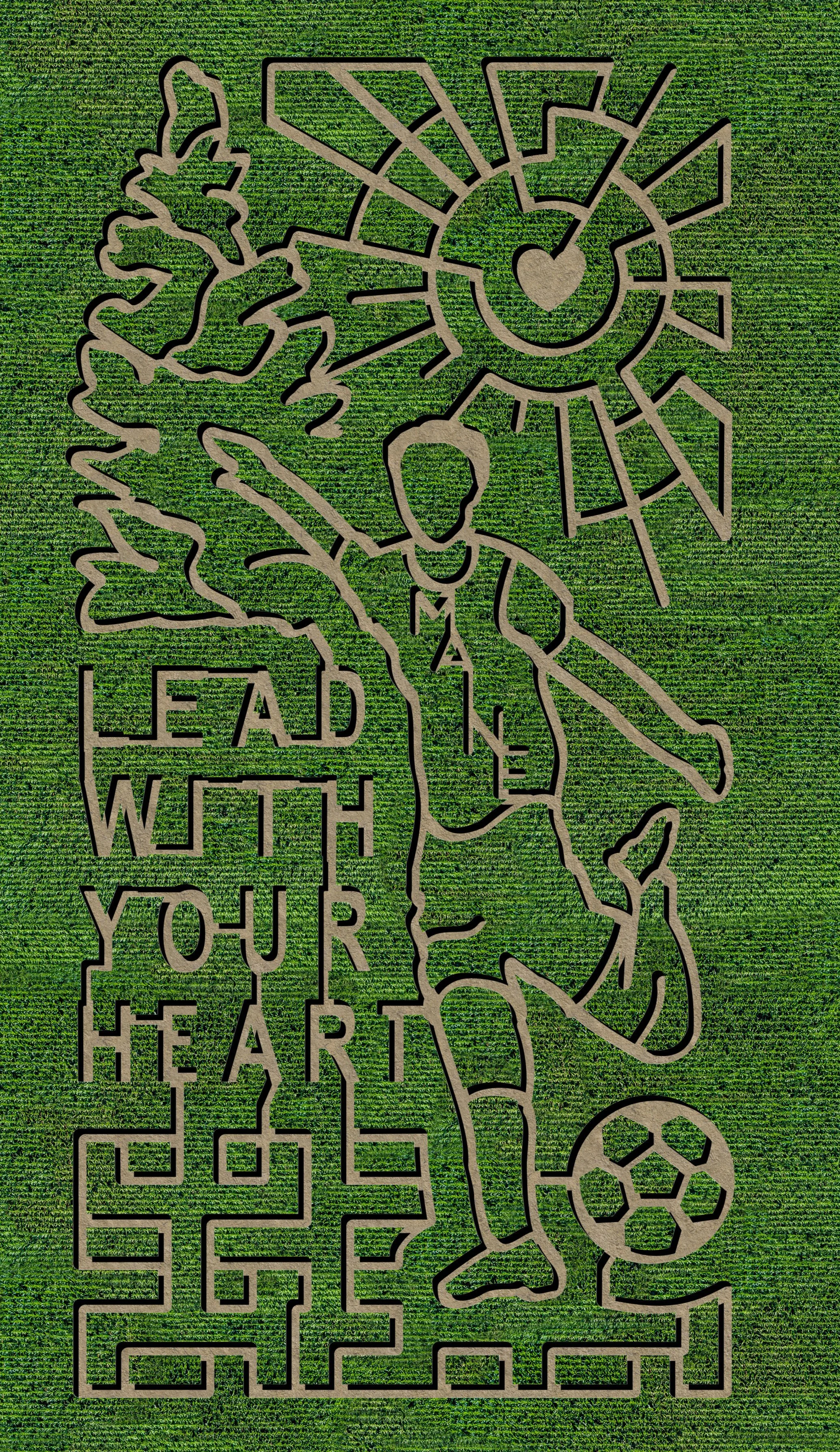Outline of a soccer player with a ball at their feet, along with a sun, windmill, and various shapes. The text reads, 'Lead with your heart, don't stop, keep going, be brave, be you, be true.'