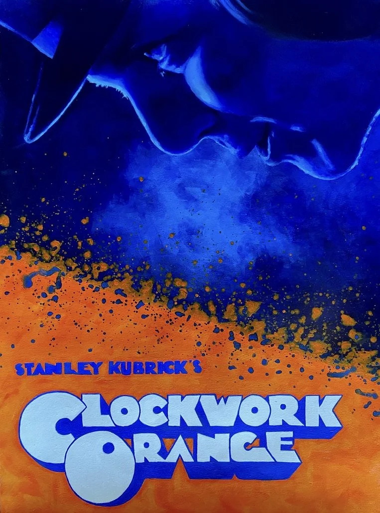 The image shows the cover of the movie 'Clockwork Orange,' featuring a close-up of a man's face in profile, painted in shades of blue, with the title 'Clockwork Orange' and the director's name 'Stanley Kubrick' on an orange background with splattered