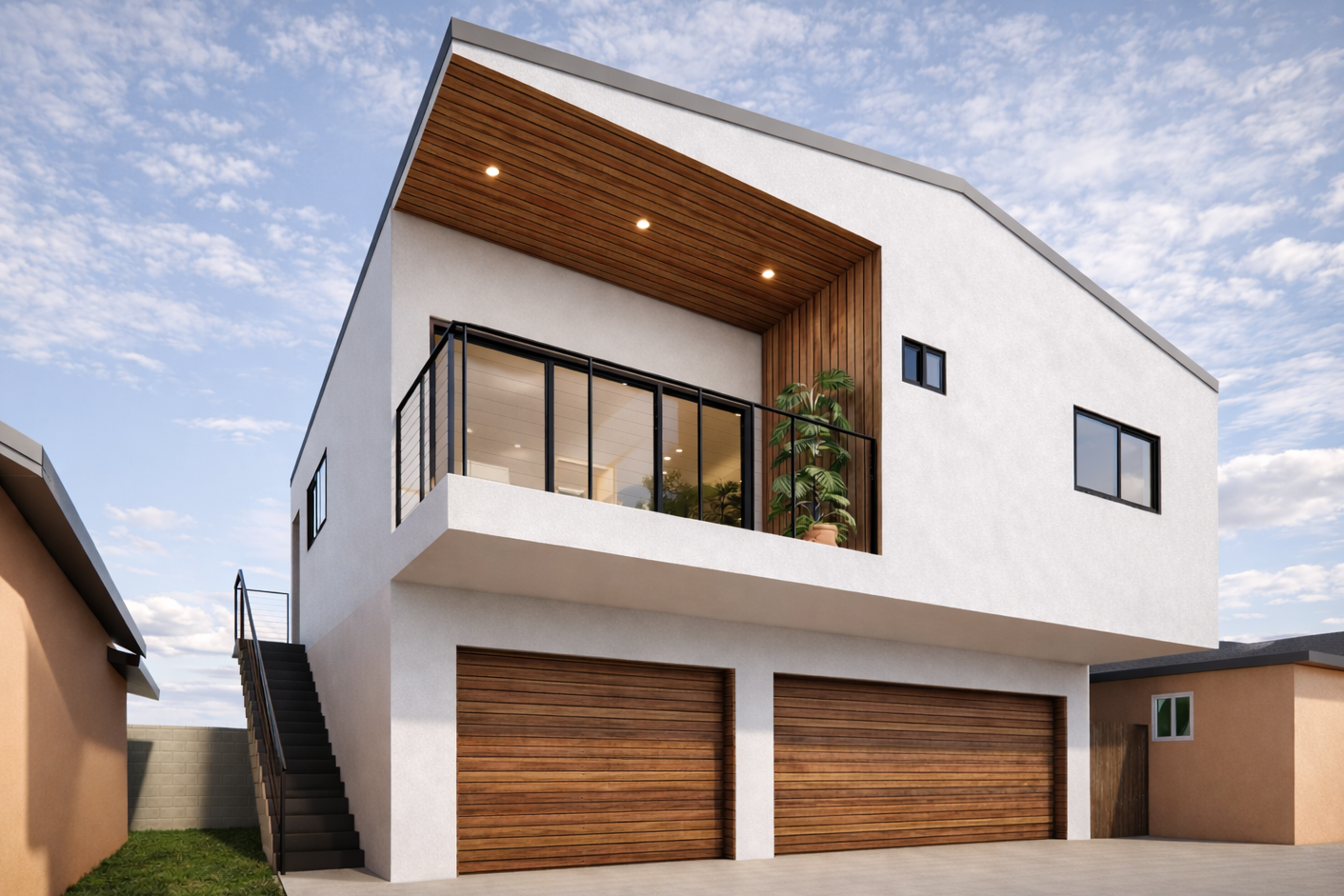 Modern two-story house with white exterior, wooden garage doors, a glass balcony, and a small plant on the balcony, under a blue sky with clouds.