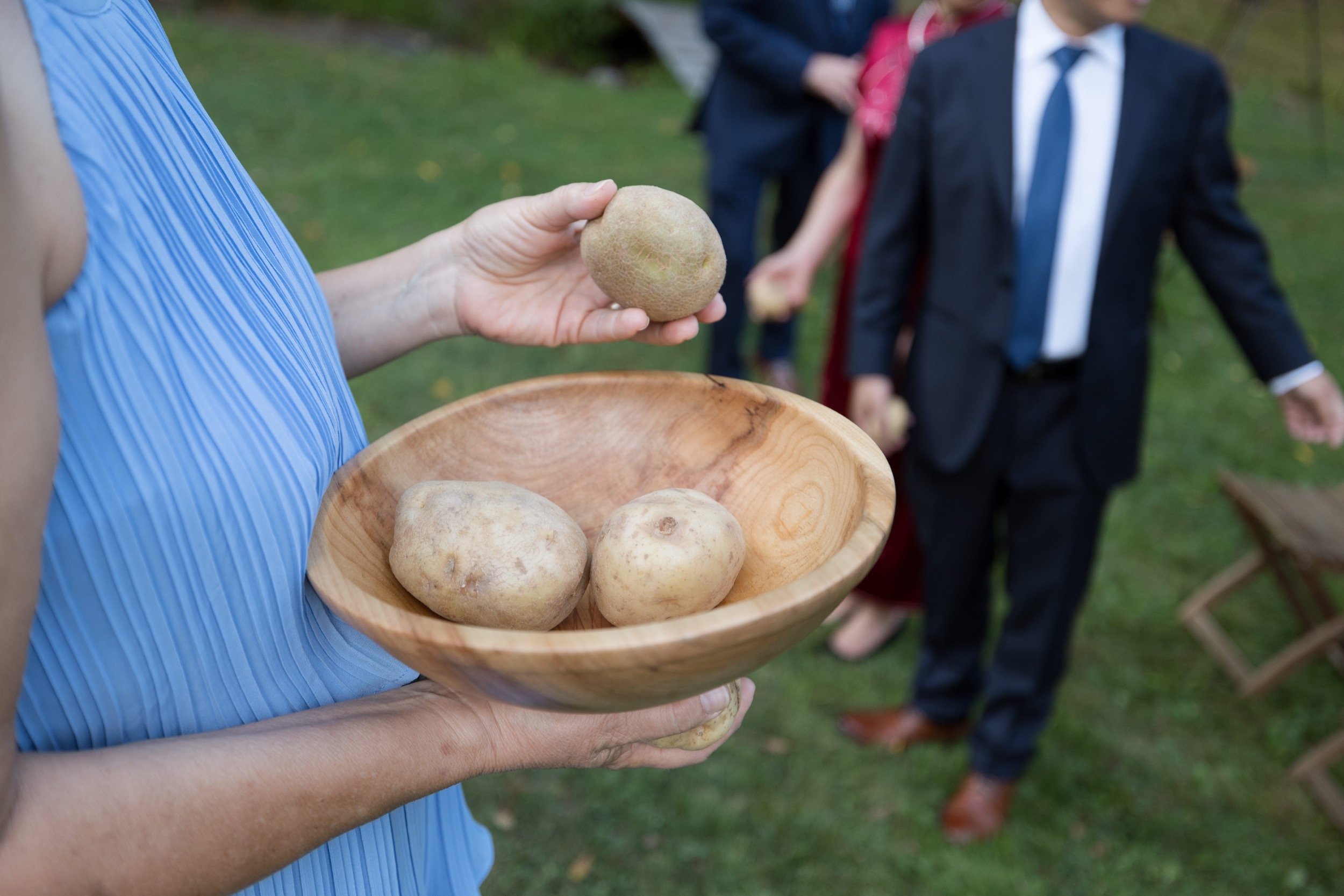 Person holding a wooden bowl with three potatoes and a hand holding a small green potato, outdoors with people in formal wear in the background.