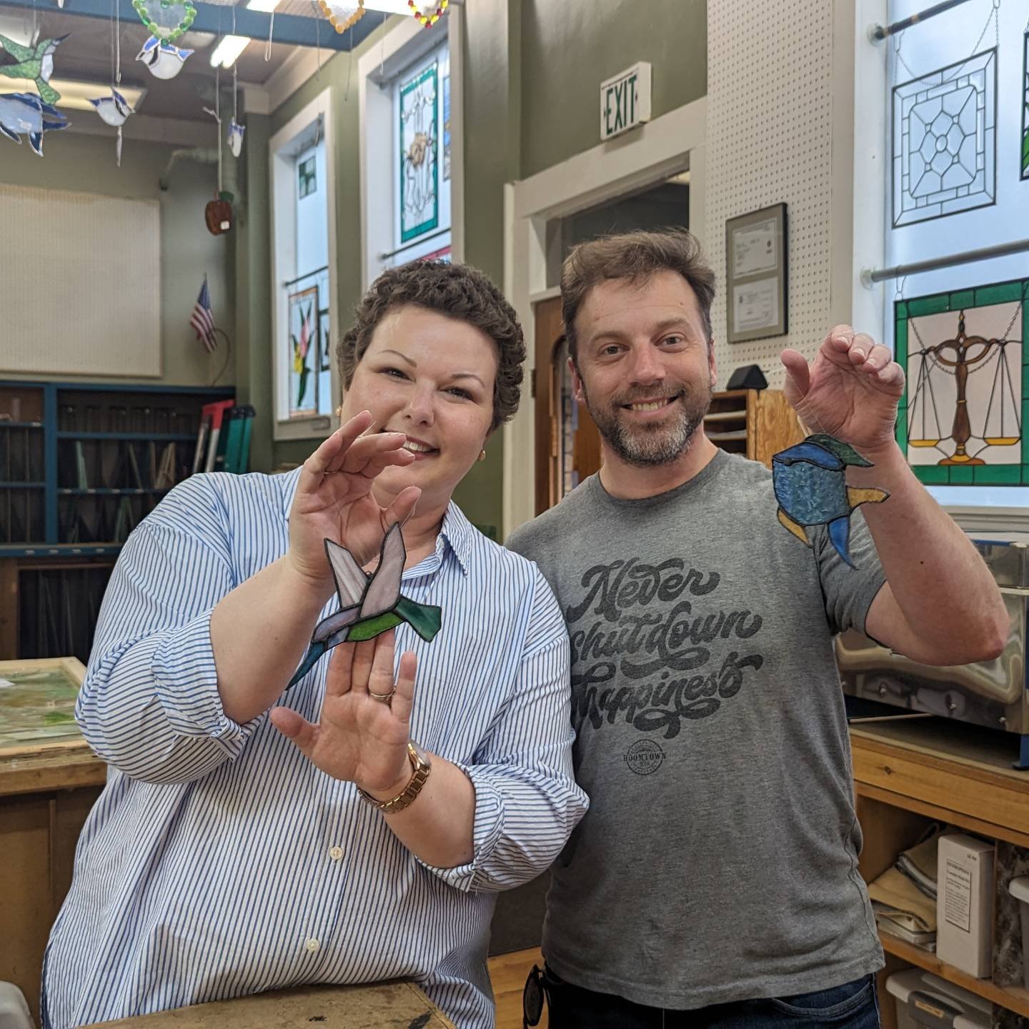 Yet another group became stained glass artists today in our One Day Beginner Class. They learned so much today! We only have a few spots left before mother's day. So if you're looking for that special present for your mom. Give us a call and get a cl