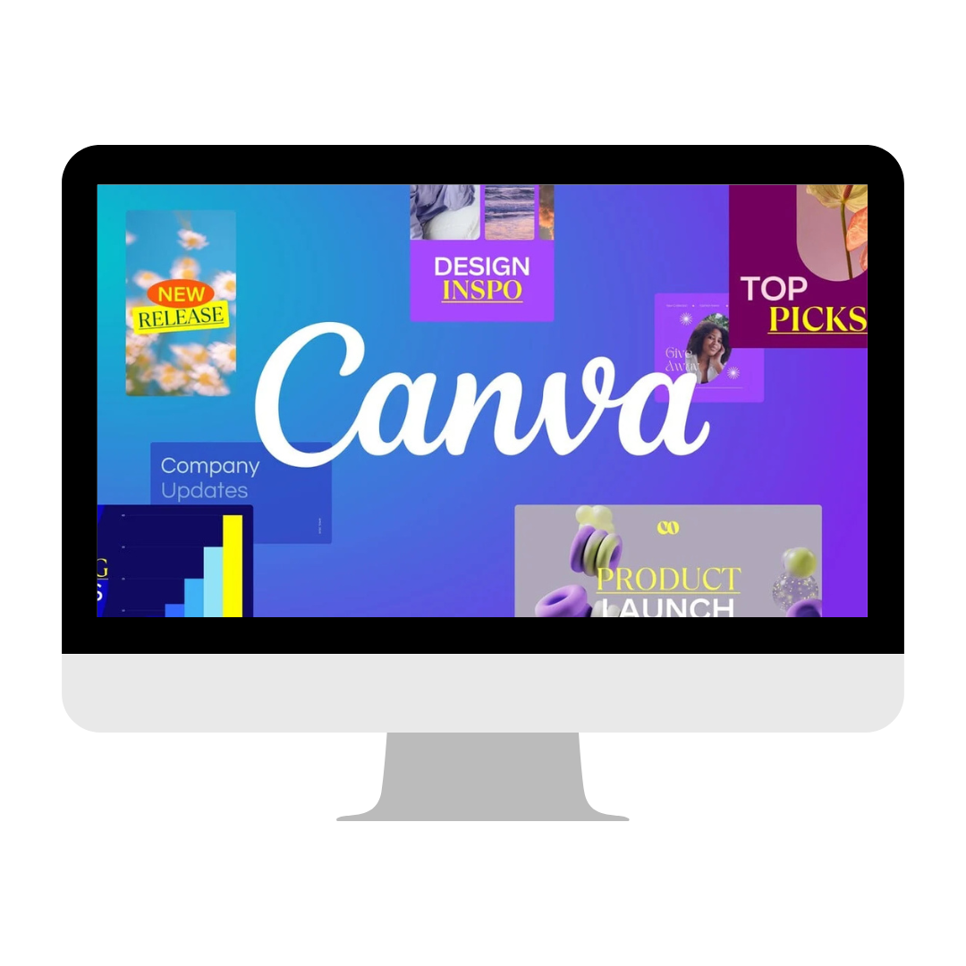 Computer screen displaying a colorful Canva presentation with various design elements, text such as 'New Release,' 'Design Inspo,' 'Top Picks,' and 'Product Launch,' and images of flowers and charts.