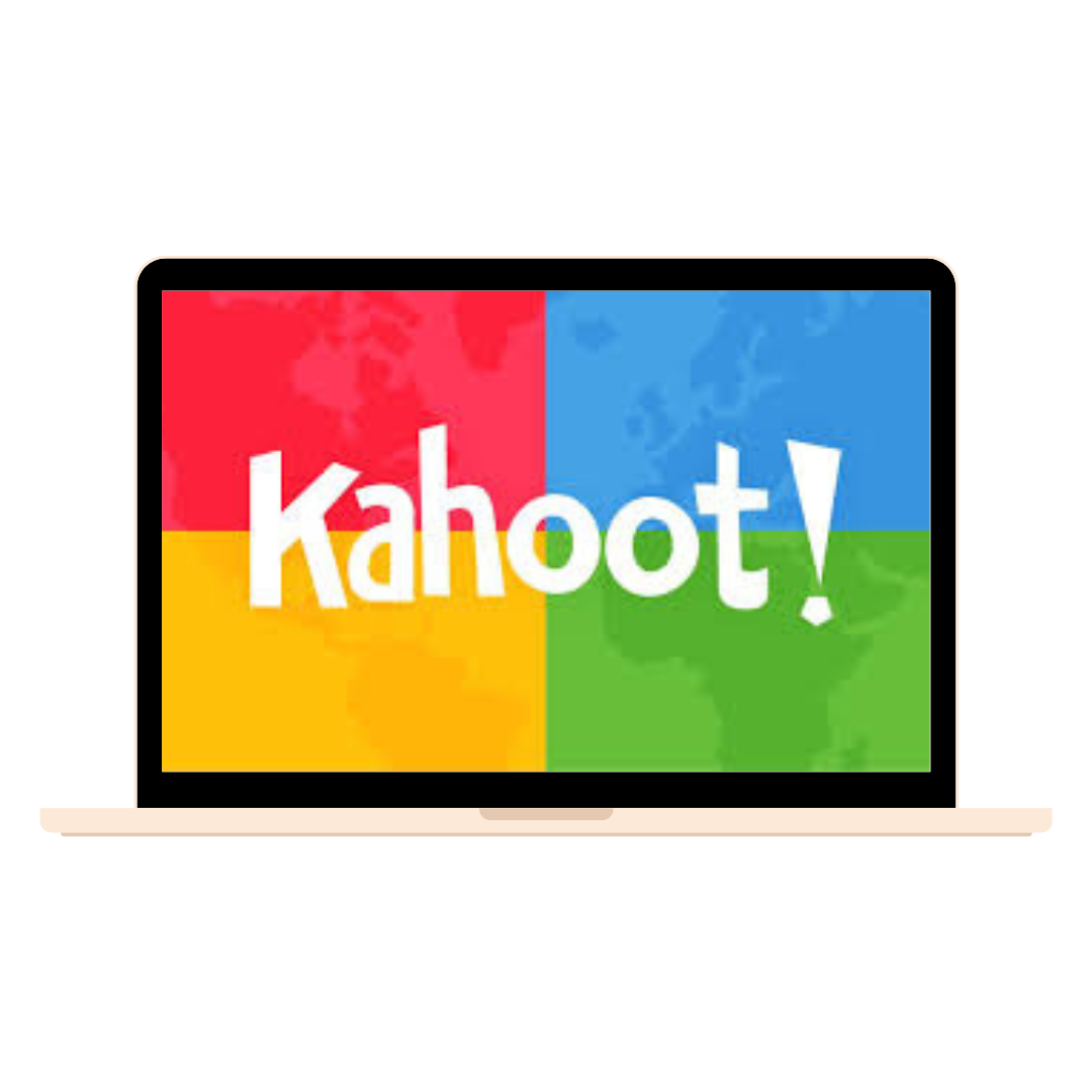 Laptop displaying the Kahoot! game logo with a colorful background divided into four sections.