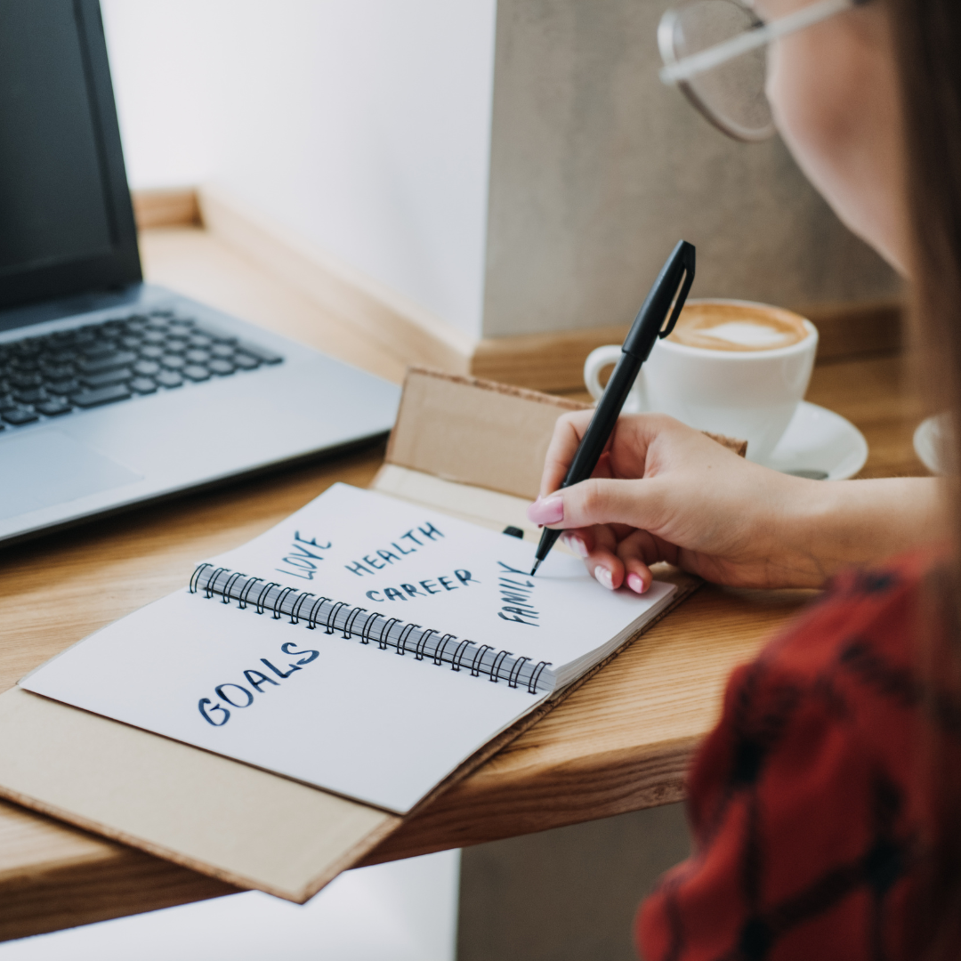 A person writing in a notebook with words like 'Goals,' 'Love,' 'Health,' 'Career,' and 'Family' inside a cozy workspace, with a laptop, a cup of coffee, and a wooden desk.