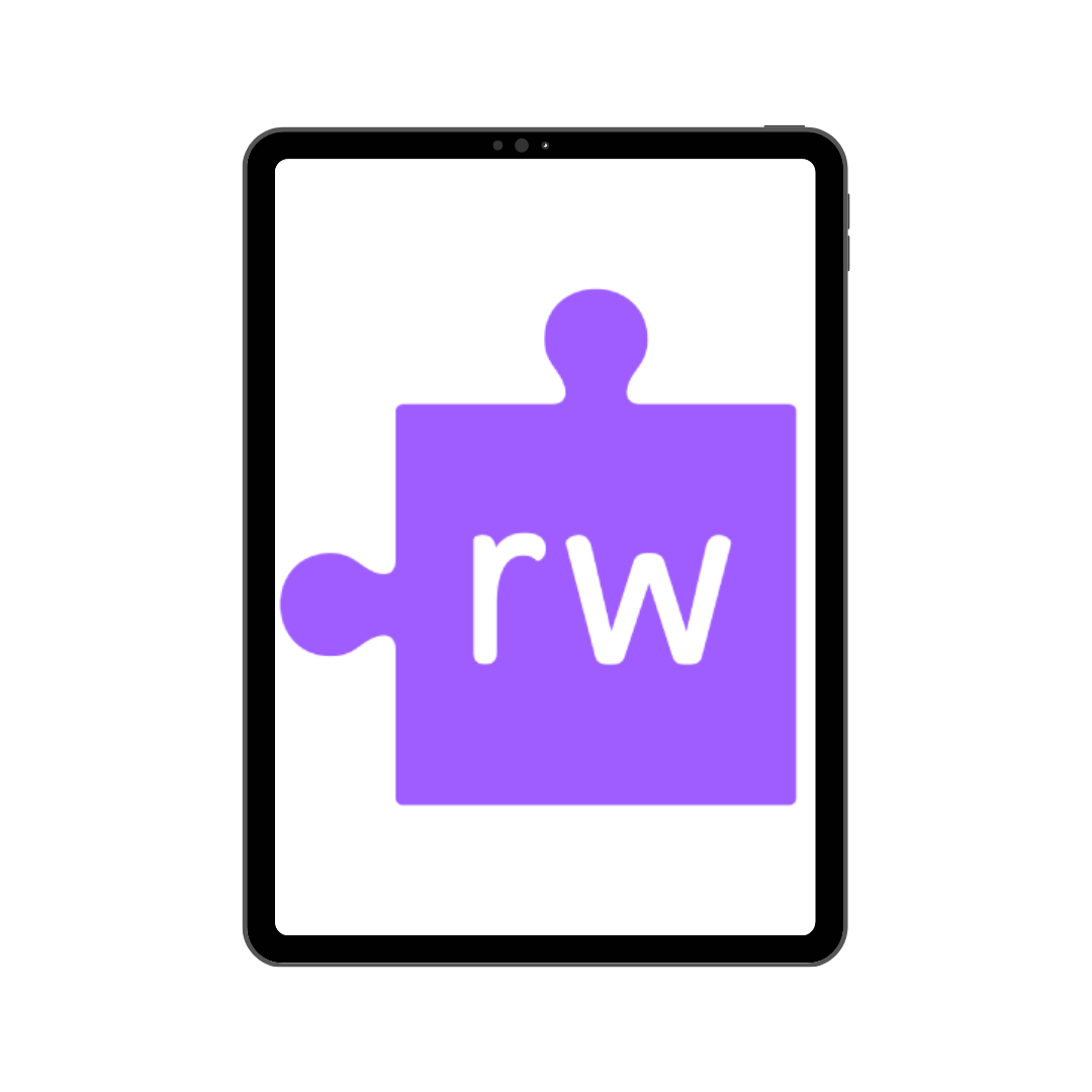 Tablet screen displaying a purple puzzle piece with 'rw' on it.