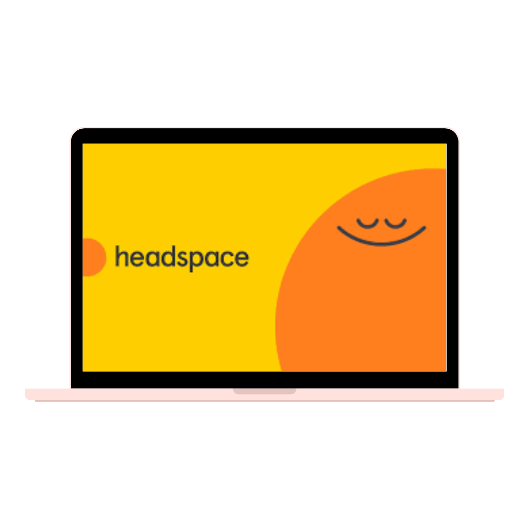 A laptop screen displaying the Headspace app logo with a smiling orange sun graphic on a yellow background.