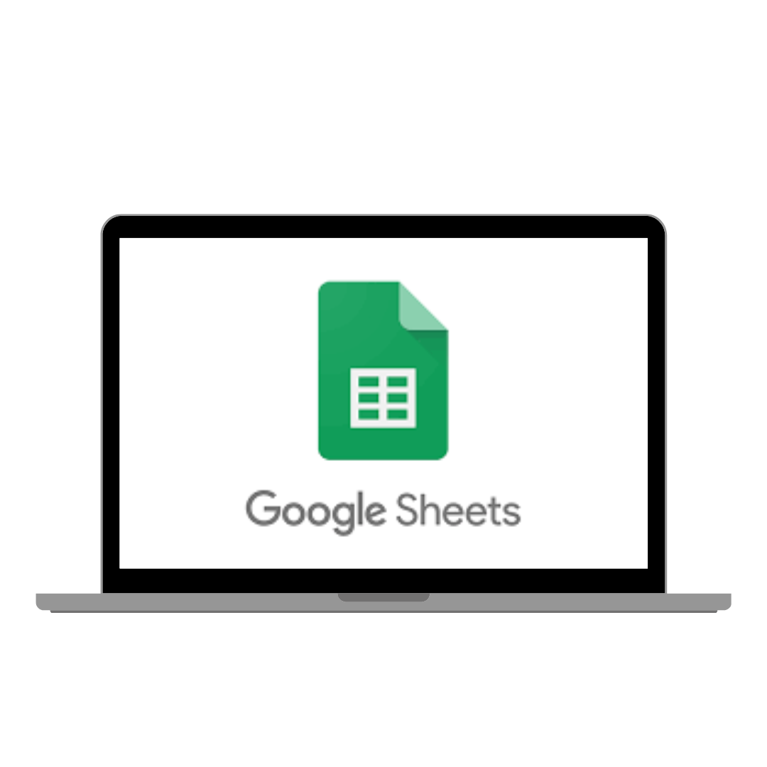 Laptop screen displaying the Google Sheets logo and text.