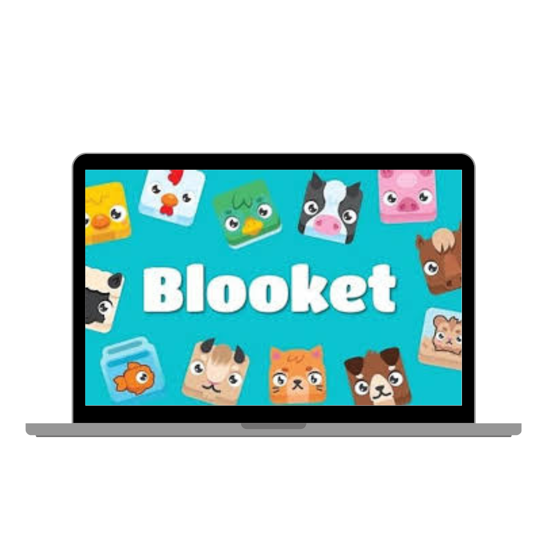 Laptop screen displaying a colorful game called 'Blooket' featuring various cartoon animal and character icons with expressive faces on a blue background.