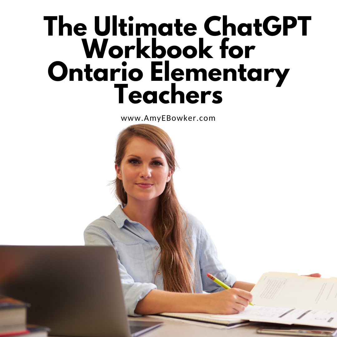 Book cover titled 'The Ultimate ChatGPT Workbook for Ontario Elementary Teachers' featuring a woman with long red hair working at a desk with a laptop and papers.
