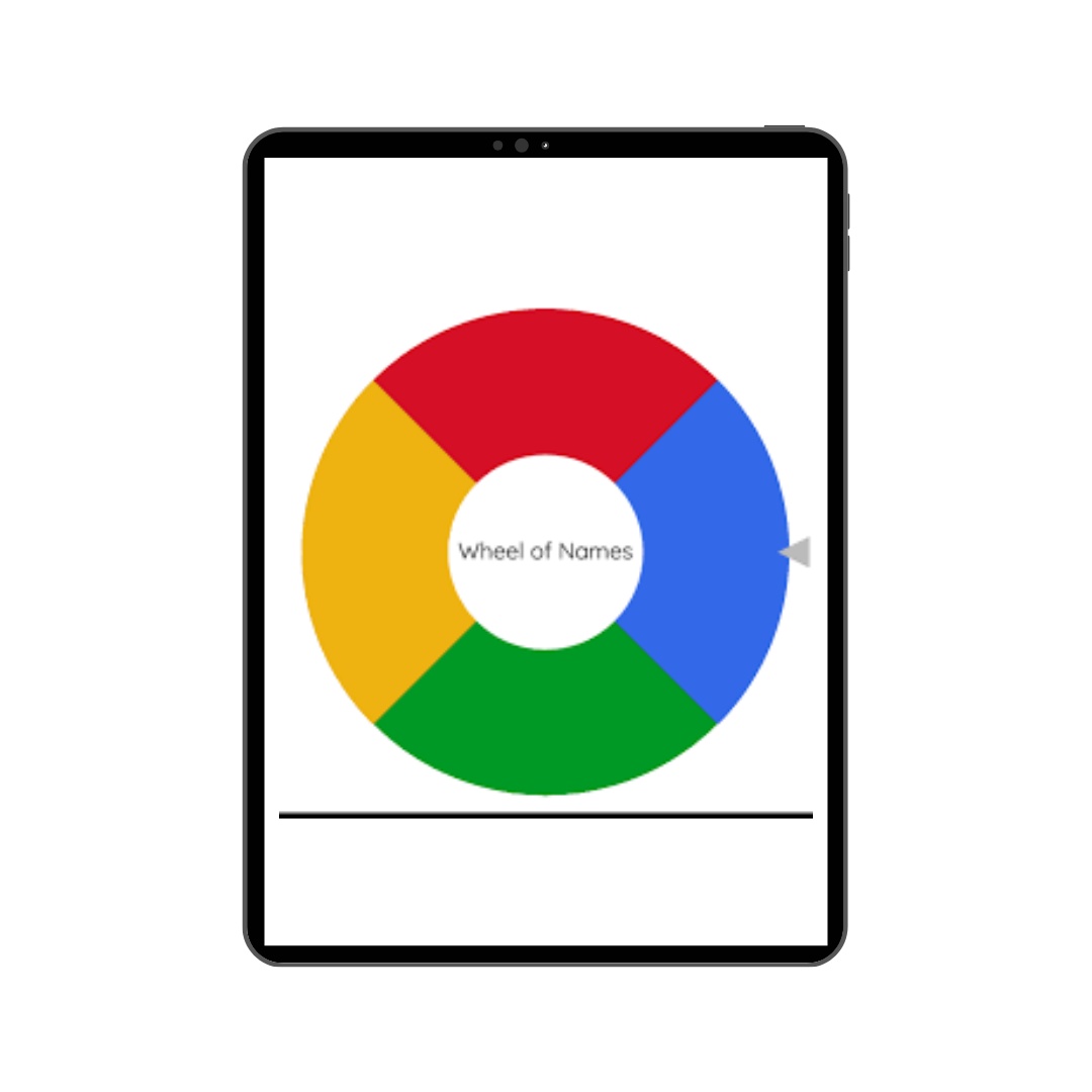 A tablet displaying a colorful wheel labeled 'Wheel of Names' with segments in red, blue, green, and yellow.