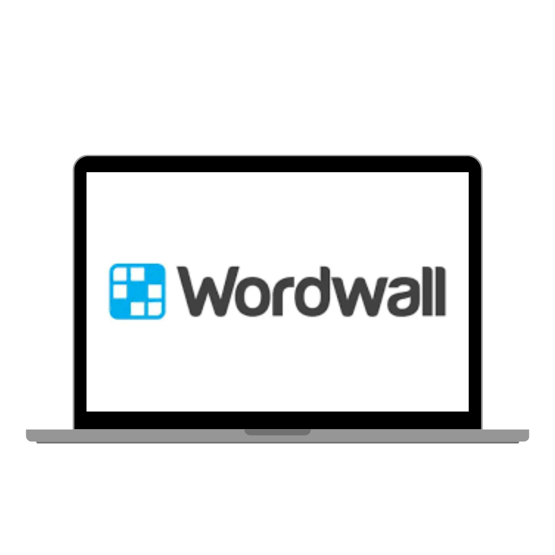 Laptop screen displaying the WordWall logo with a white background and a black border.