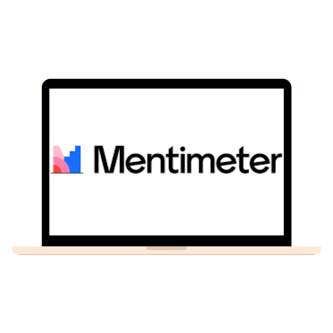 Laptop screen displaying the Mentimeter logo with a colorful bar graph icon.