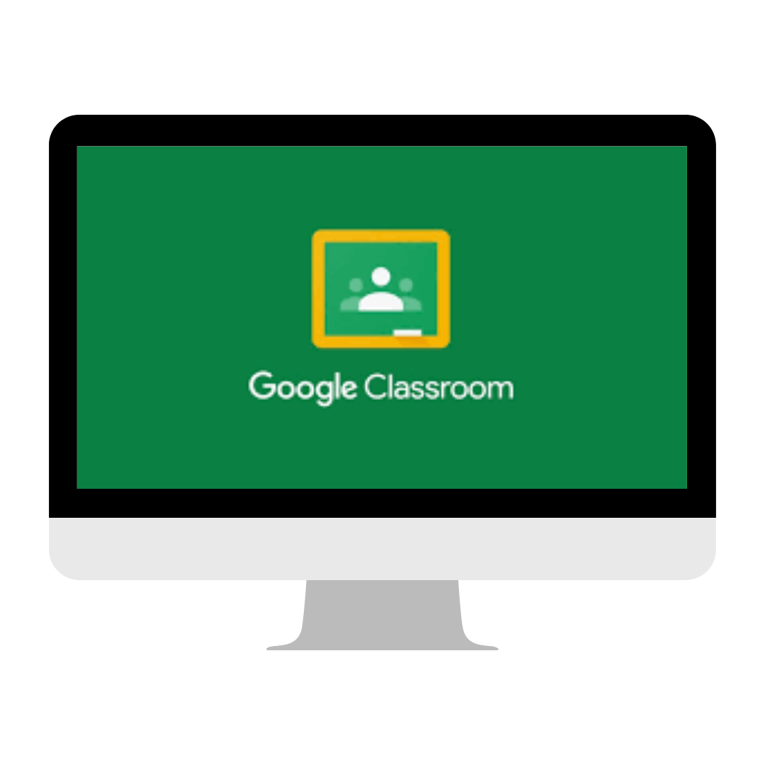 Computer monitor displaying the Google Classroom logo on a green background.