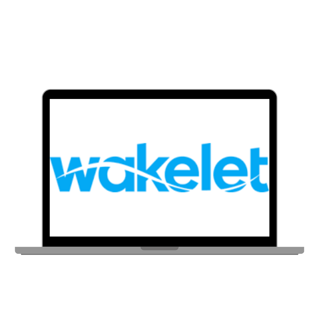 Laptop screen displaying the Wakelet logo in blue with a stylized wave through the text.