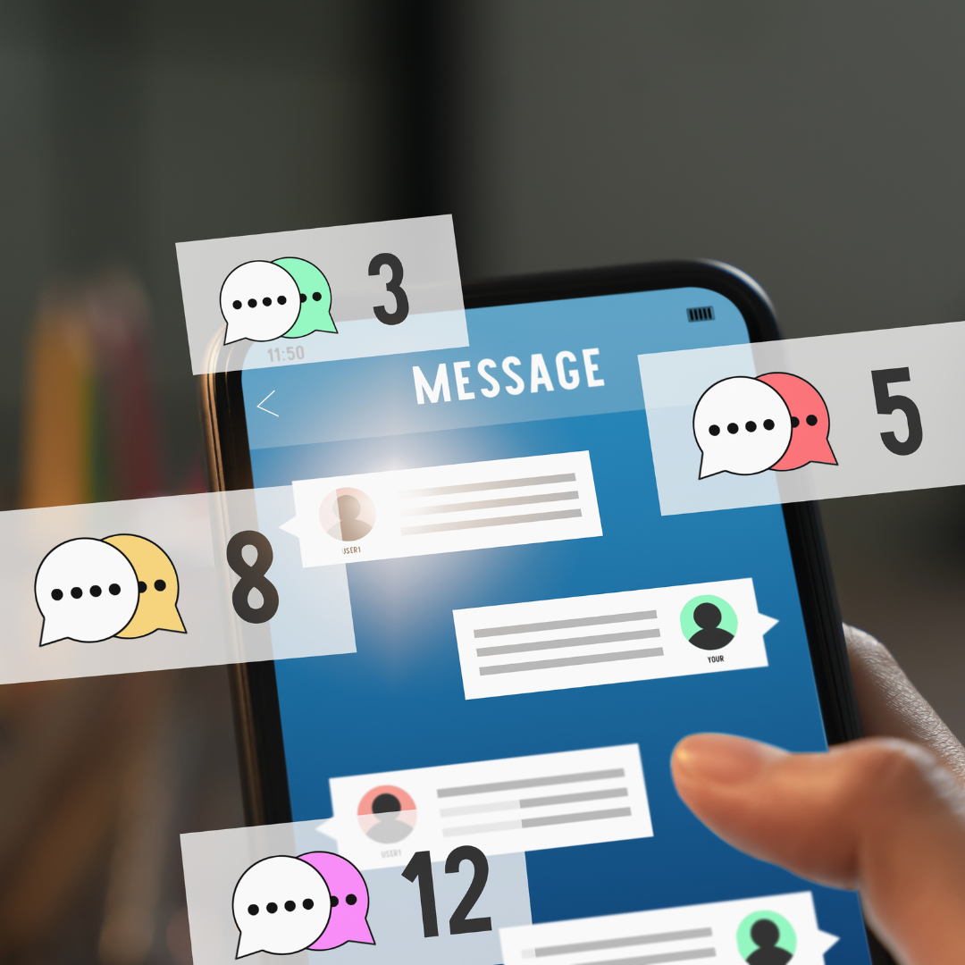A smartphone displaying a messaging app screen with multiple chat bubbles and notification icons showing various unread messages.