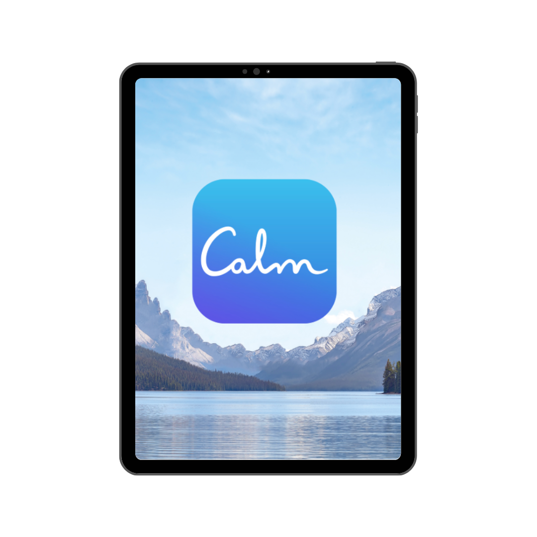 A smartphone displaying a scenic background of mountains, a lake, and sky with a Calm app icon overlay.