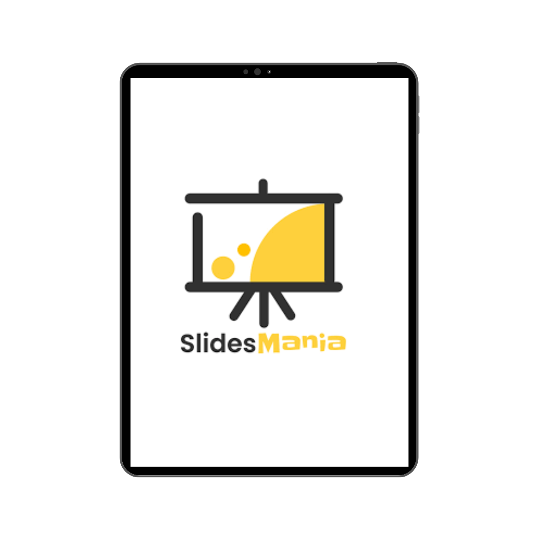 Mobile phone displaying a logo with a presentation screen and the text 'Slides Mania'.