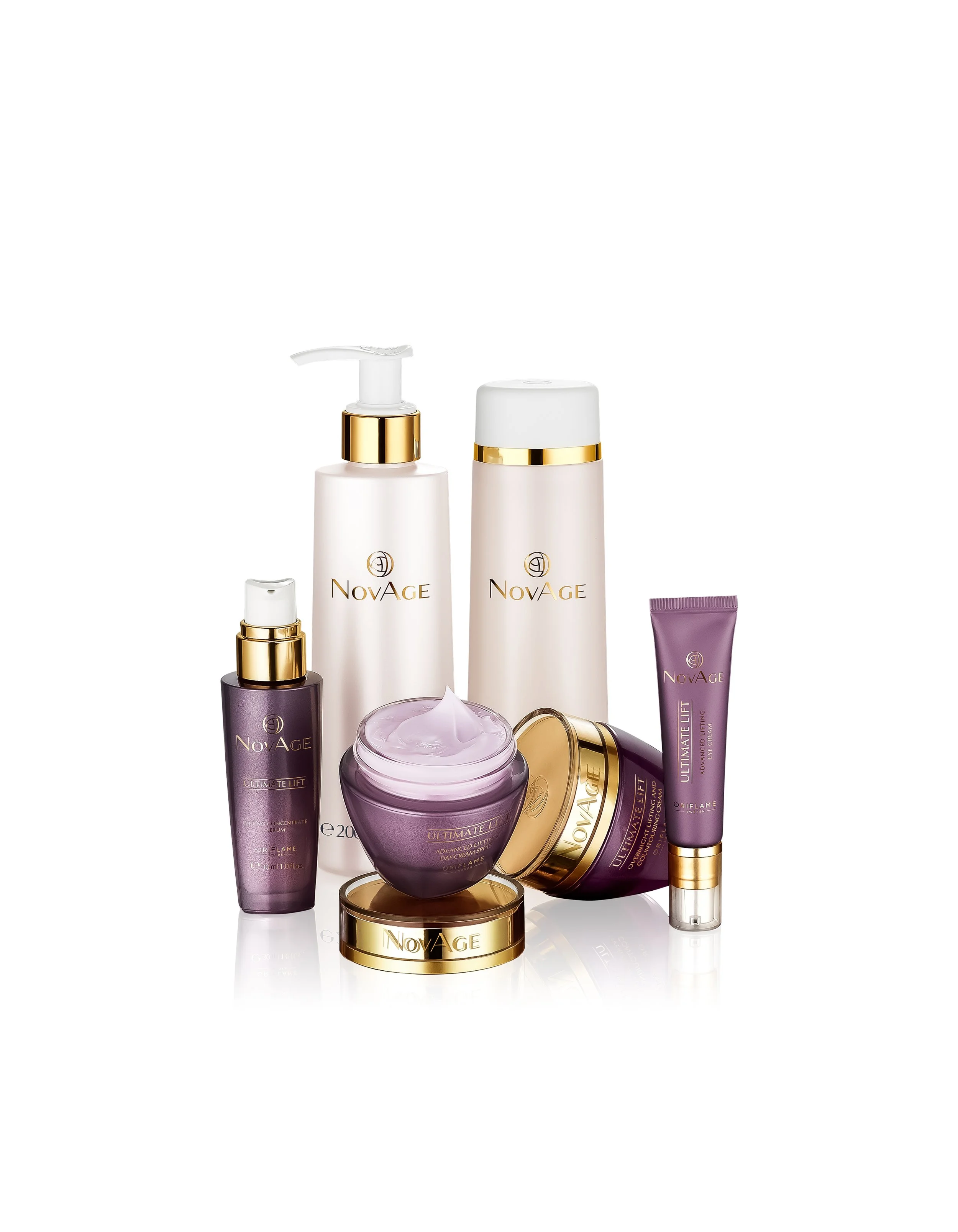 NovAge skincare products including creams and serums displayed in stylish packaging with gold and purple accents.