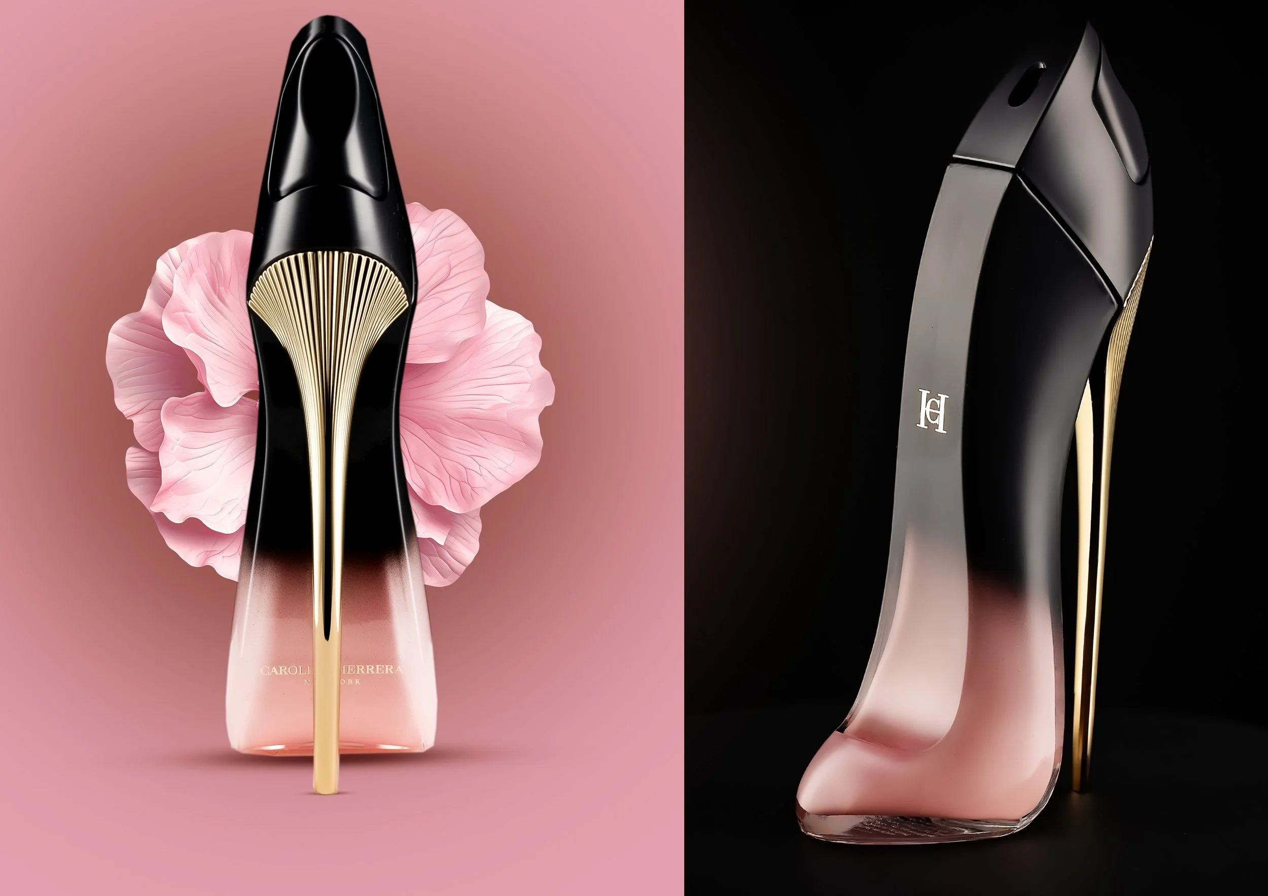 High heel shoe-shaped perfume bottles with pink and black gradient design, featuring gold accents, and a pink floral background on the left.