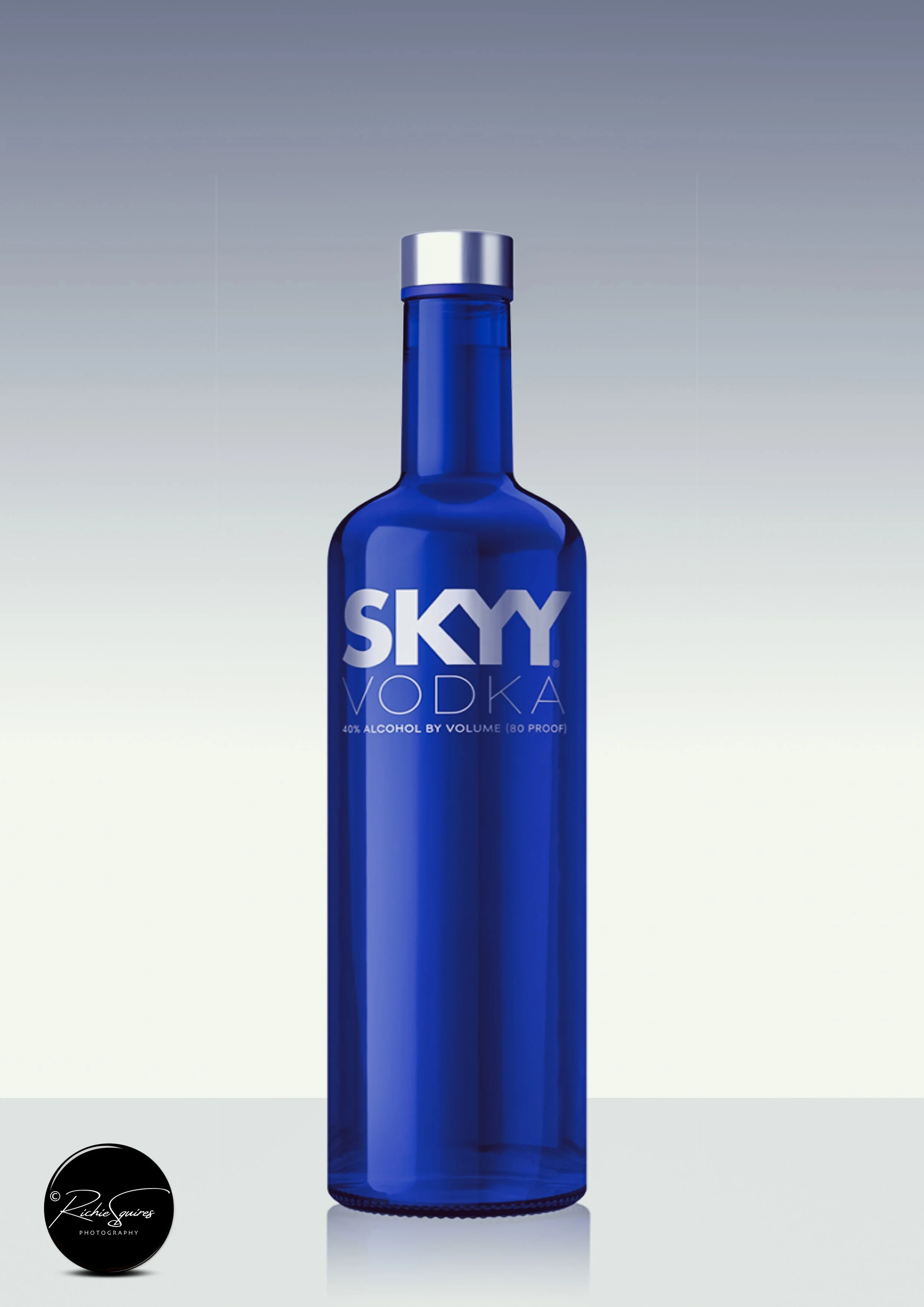 Blue Skyy Vodka bottle with silver cap and label.