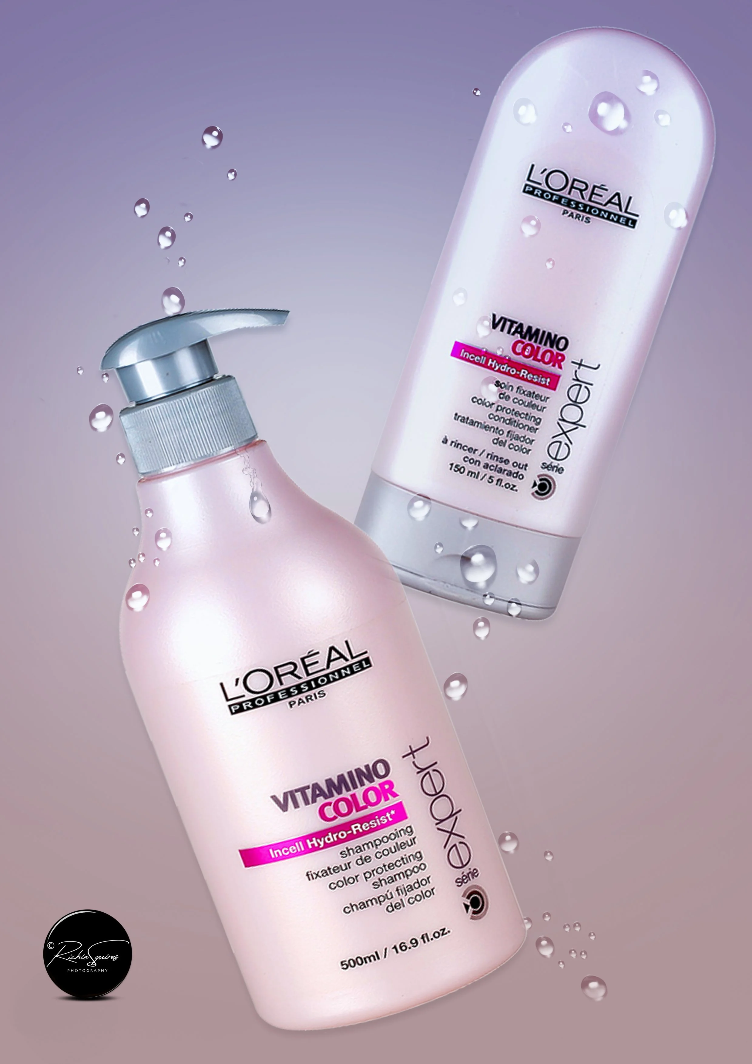 L'Oreal Professionnel Vitamino Color hair products, including shampoo and conditioner, with water droplets on a purple background.
