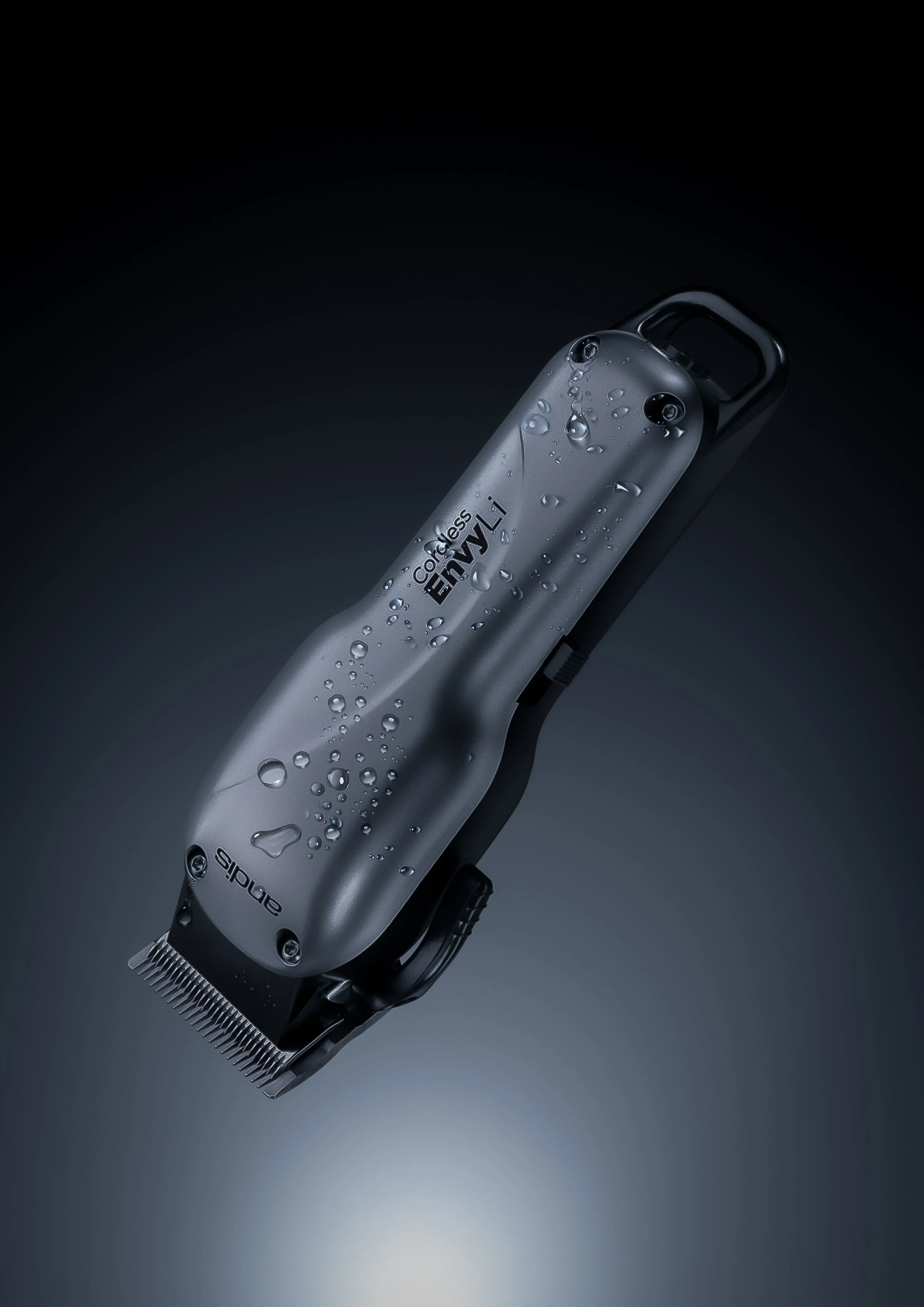 Cordless electric hair clipper with water droplets on it, against a dark background.