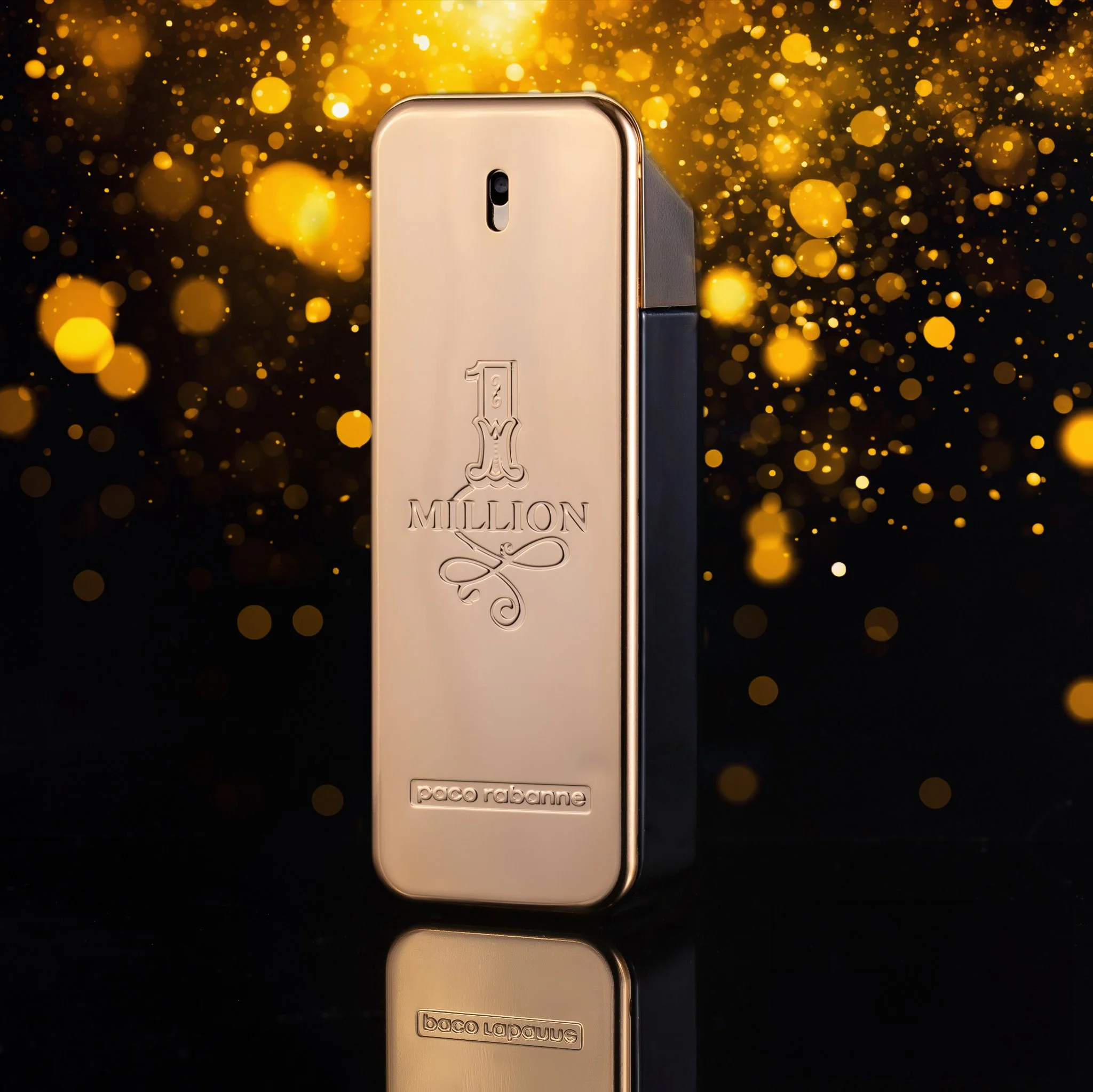 Gold perfume bottle with '1 Million' and 'paco rabanne' label, surrounded by a sparkling golden background.