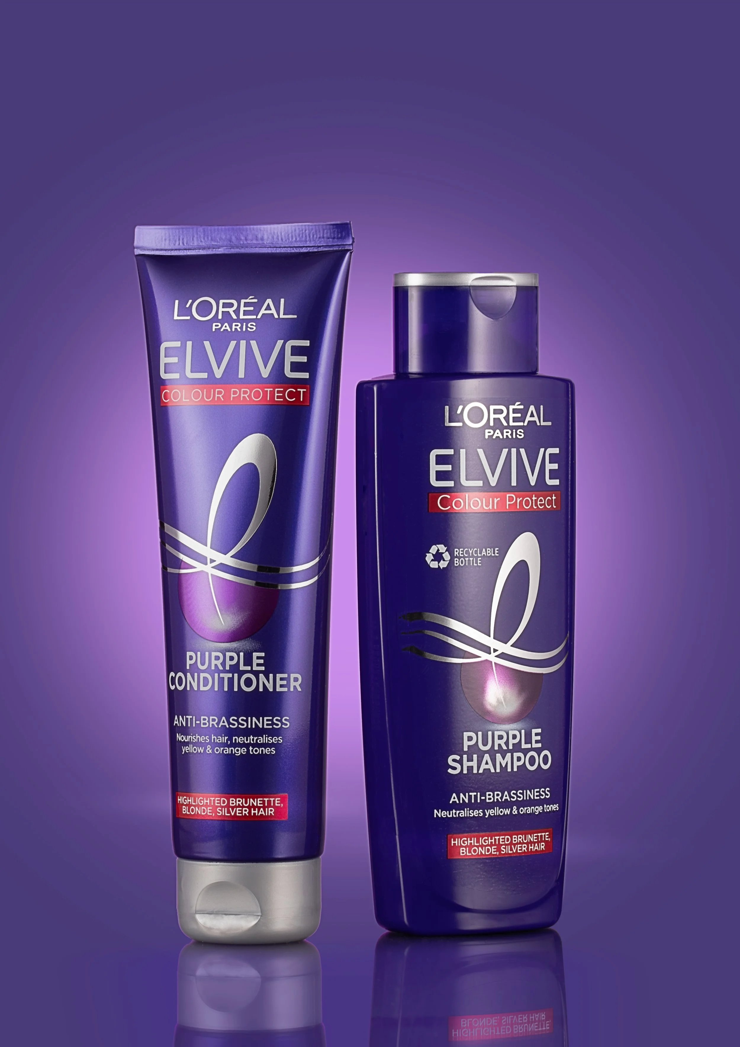 L'Oréal Paris Elvive Color Protect purple shampoo and conditioner bottles for anti-brassiness.