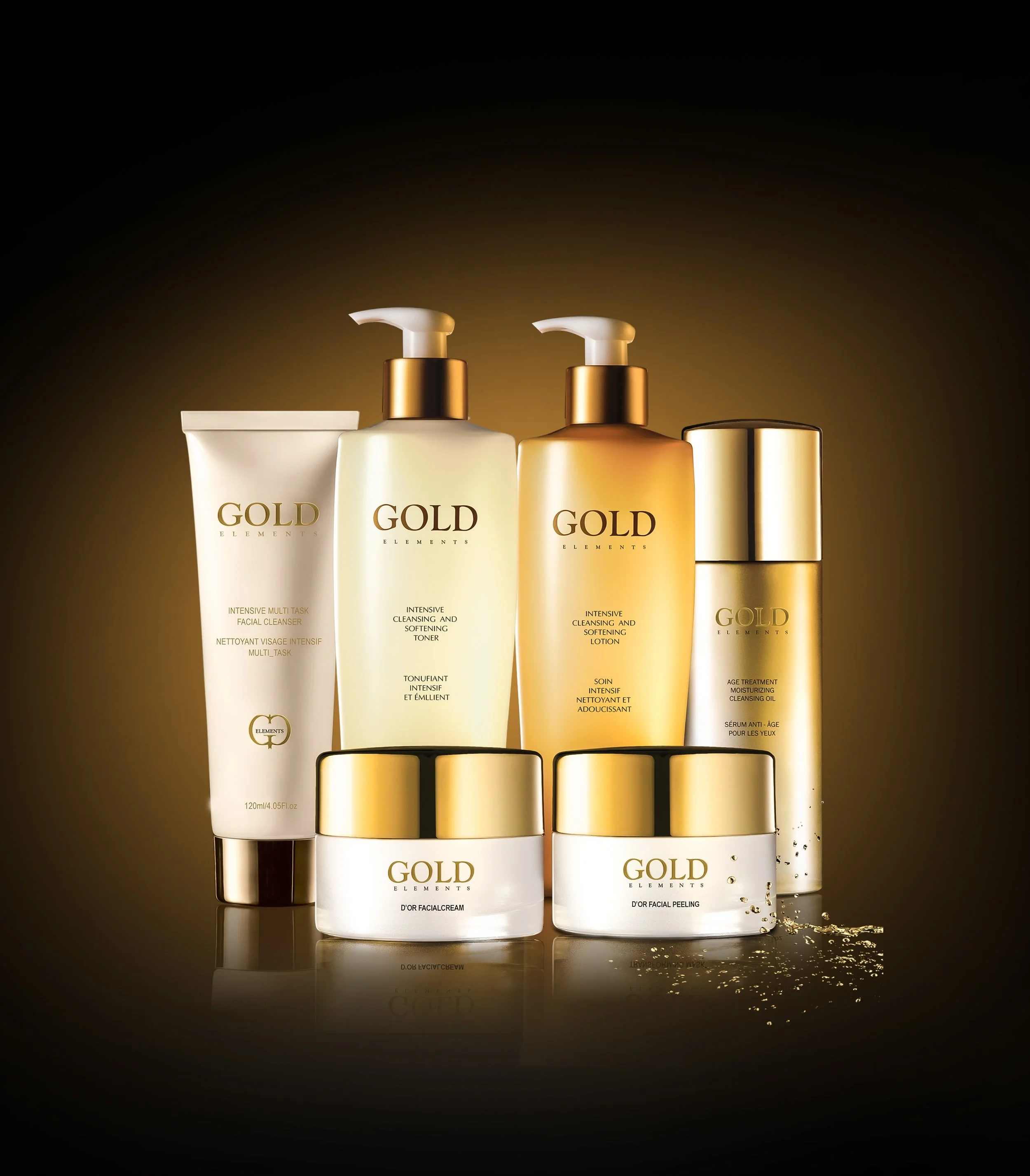 Gold Elements skincare product lineup including facial cleanser, toner, lotion, cream, and peeling mask against a dark, elegant background.