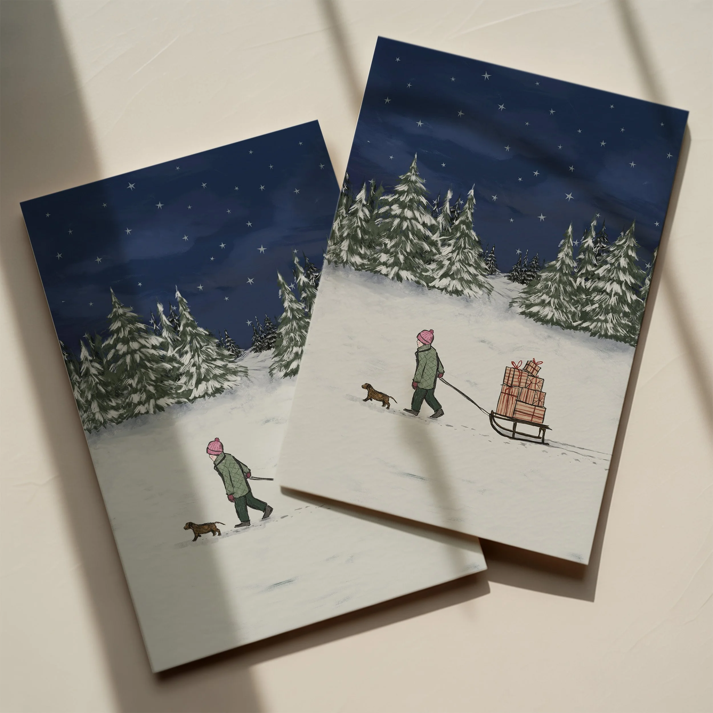 (Pack of 10) Boy With Sled Christmas Card