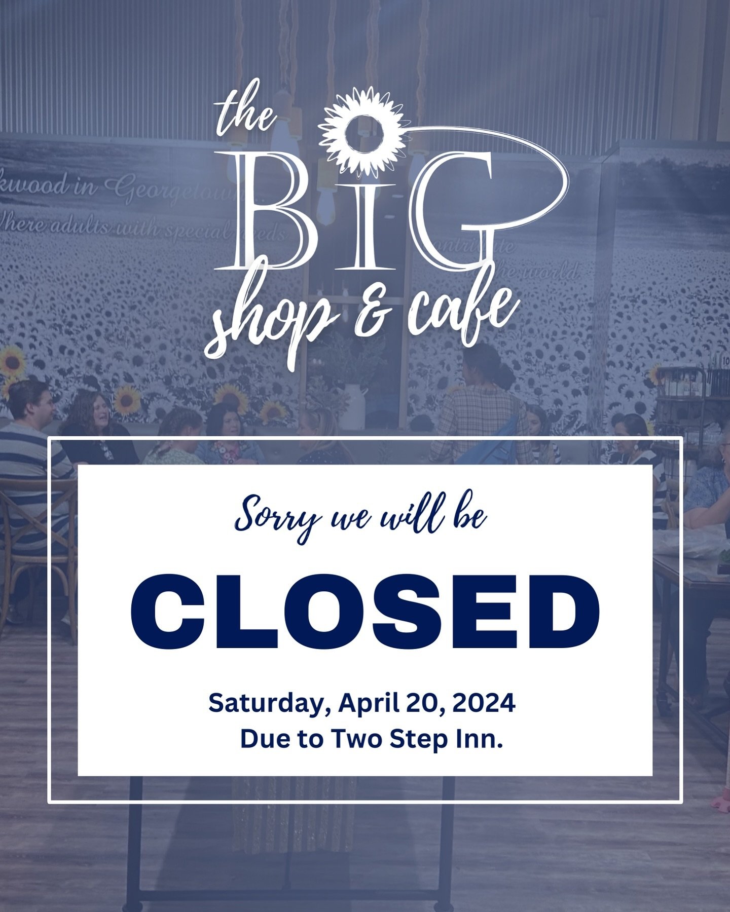 Heads up, everyone! 🌟&nbsp;
The BiG Shop &amp; Cafe will be closed this Saturday, April 20th, 2024, due to Two Step Inn! We&rsquo;ll be back to normal hours on Monday, April 22nd. See you then! ✨ #TwoStepInn #SeeYouMonday&rdquo; #TheBiGShopandCafe #