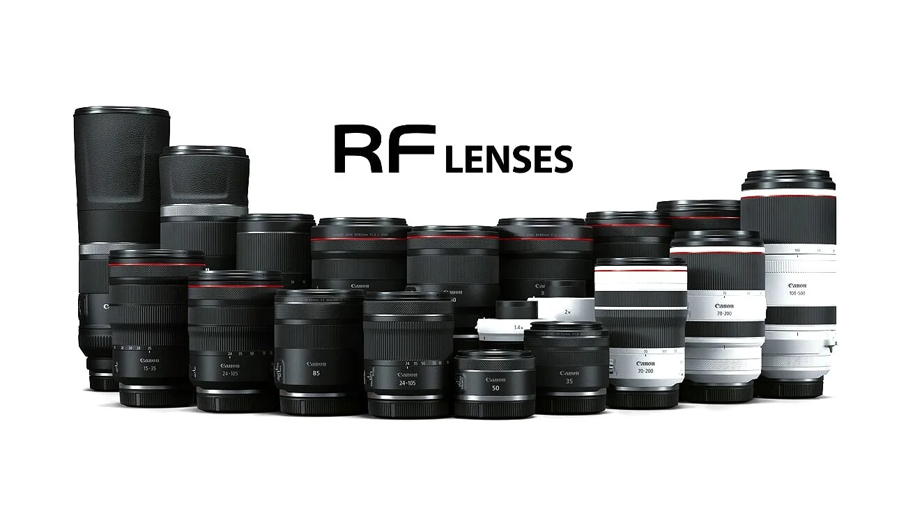 A collection of all the Canon RF L lenses in a group photo.