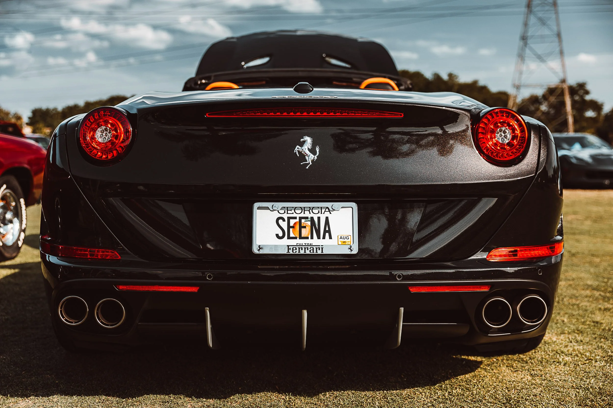 Rear view of a black Ferrari with Georgia license plate 'SEENA' on a grassy field, showcasing dual exhaust pipes and taillights.