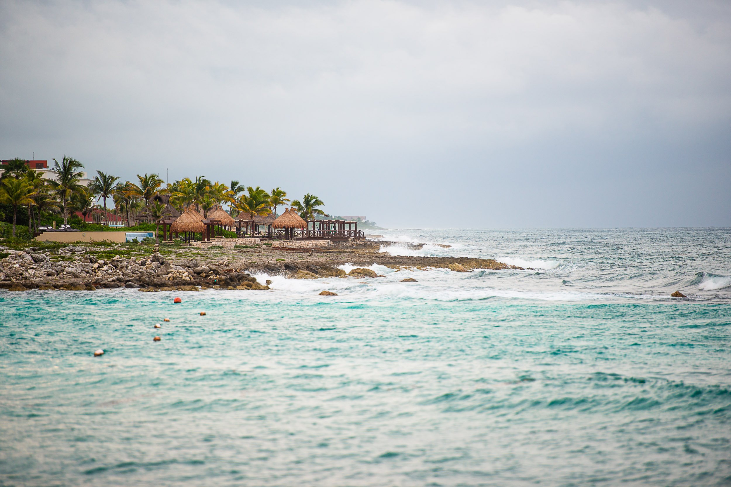 Coastal scene with palm trees, thatched beach huts, rocky shoreline, and blue ocean waves.