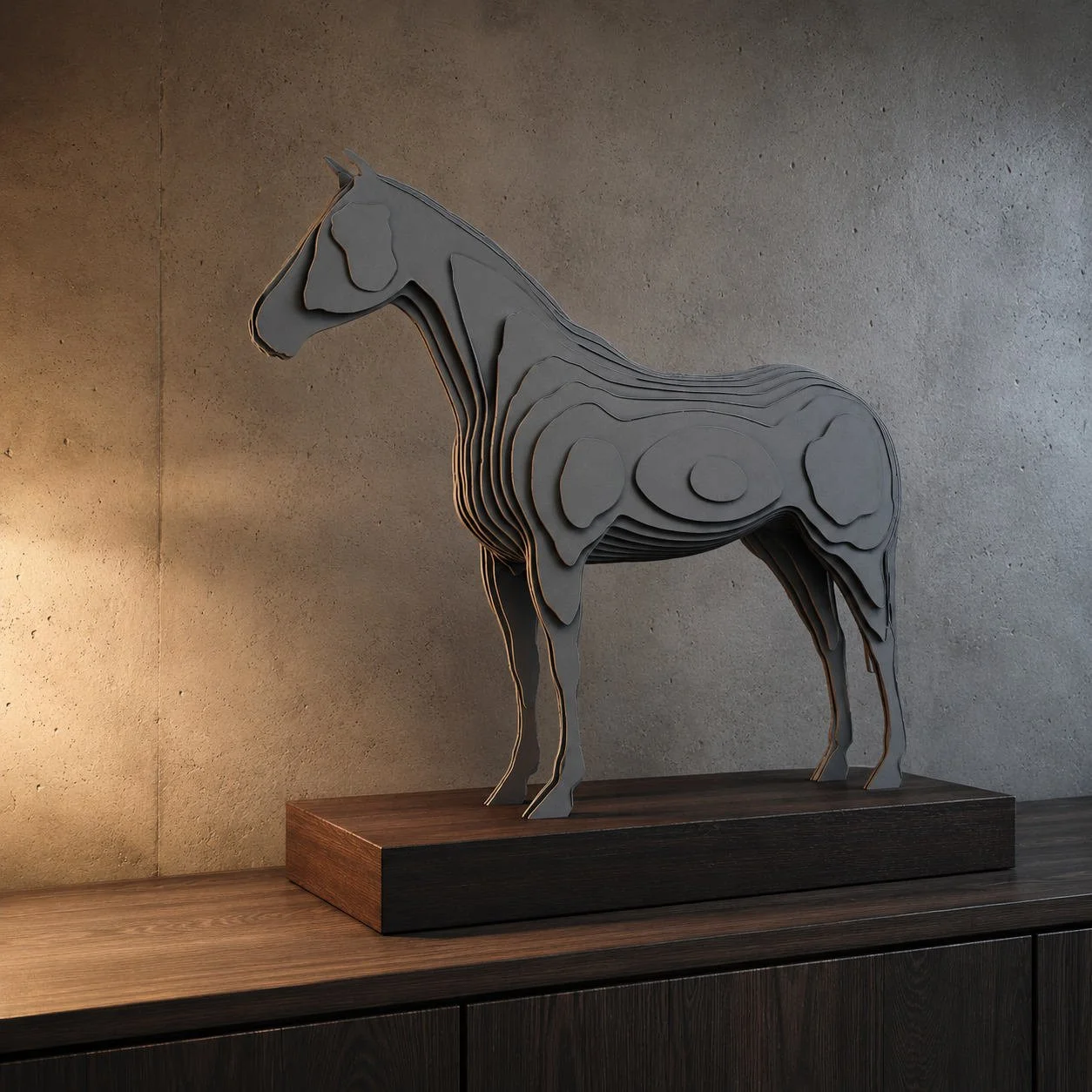 Geschichtetes Pferd-Stahldesign-Objekt auf Holzpodest  `Equus´