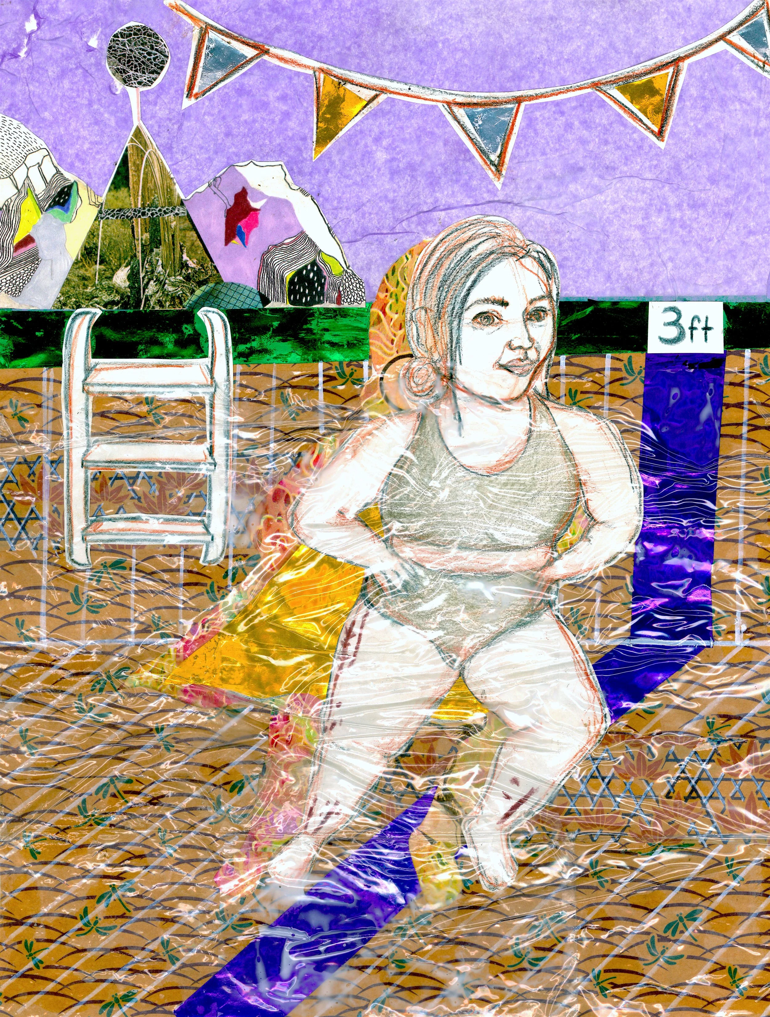 "Treading Water"; Mixed Media Collage; 9 x 12"; Spring 2021; Image Description: A colorful, mostly gold and purple, mixed media collage features Bri, a white woman of short stature, in the shallow end of a pool. Her arms are at her waist and she is p