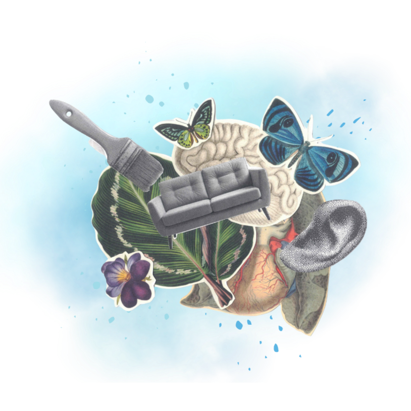 A collage of cutouts related to counseling and art therapy (couch, ear, paintbrush, brain) are arranged against a blue watercolor swash.