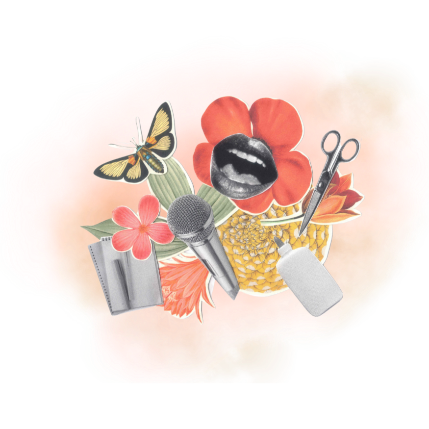 A collage of cutouts related to speaking and workshops are arranged against an orange watercolor swash.