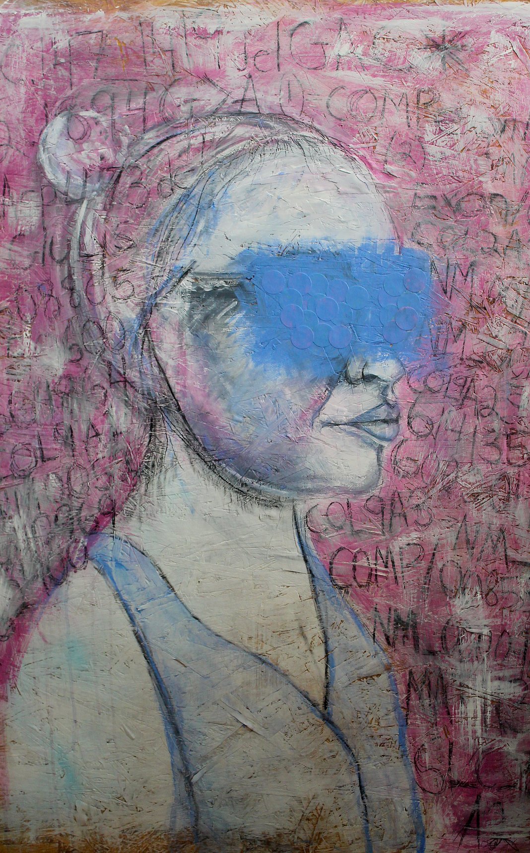 "Central Identity"; Mixed Media Portrait on Wood Panel; 20 x 48"; Summer 2015; Image Description: A purple, blue, and white mixed-media portrait of Bri shows the side profile of her face and shoulders with her hair in a high bun. Bri's eyes are paint