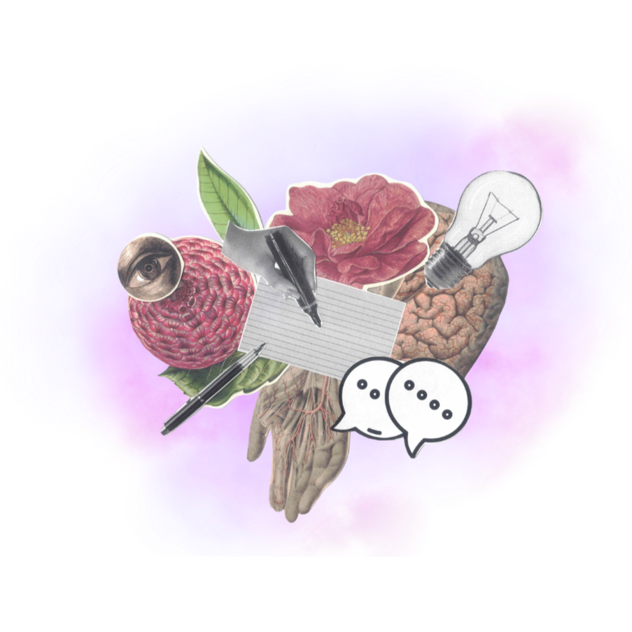 A collage of cutouts related to consulting are arranged against a purple watercolor swash.