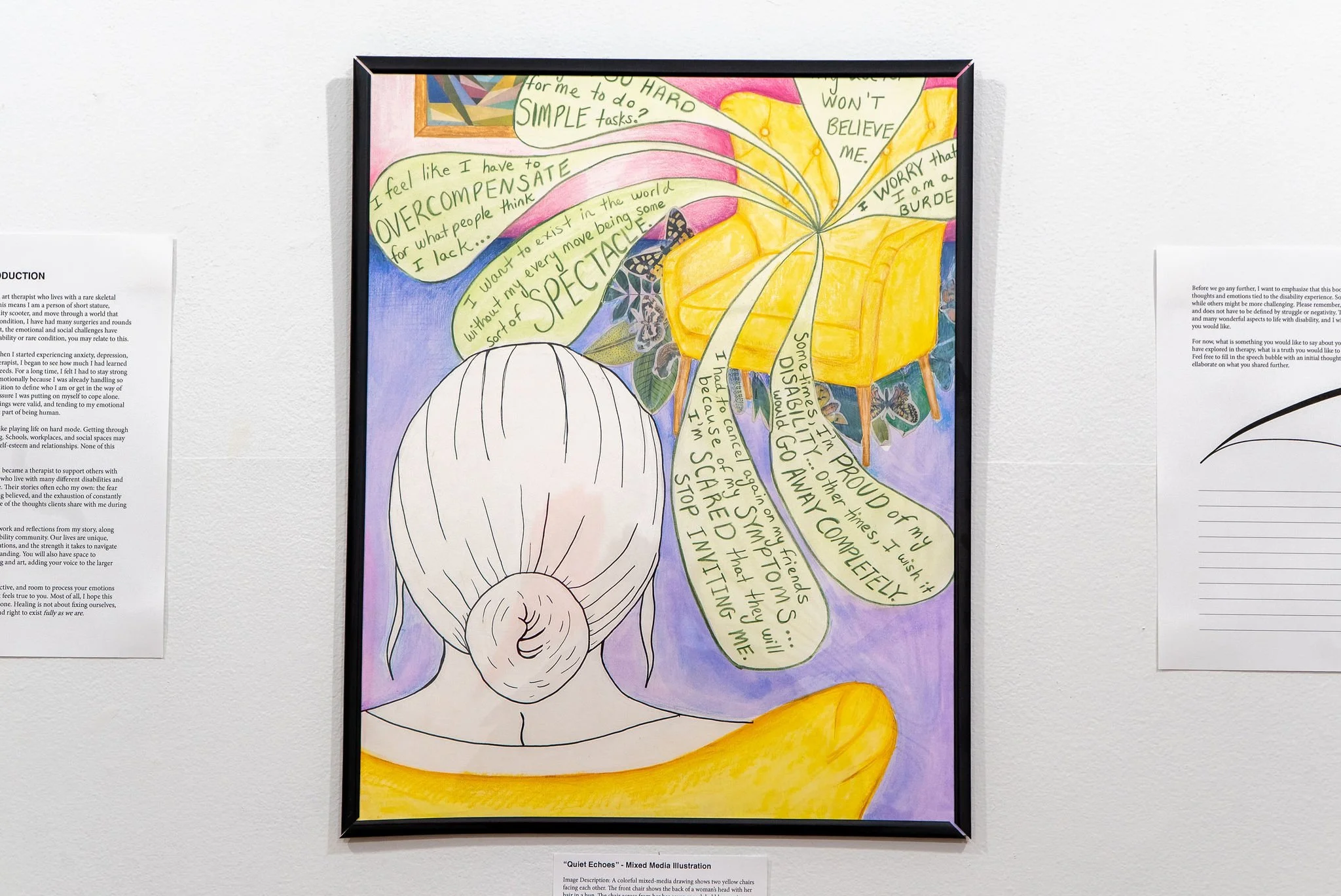 "Quiet Echoes"; Mixed Media Drawing; 9 x 12"; Fall 2025; Image Description: A colorful mixed-media drawing shows two yellow chairs facing each other. In the front chair sits a plain white figure of a woman with her hair in a bun. The chair across fro